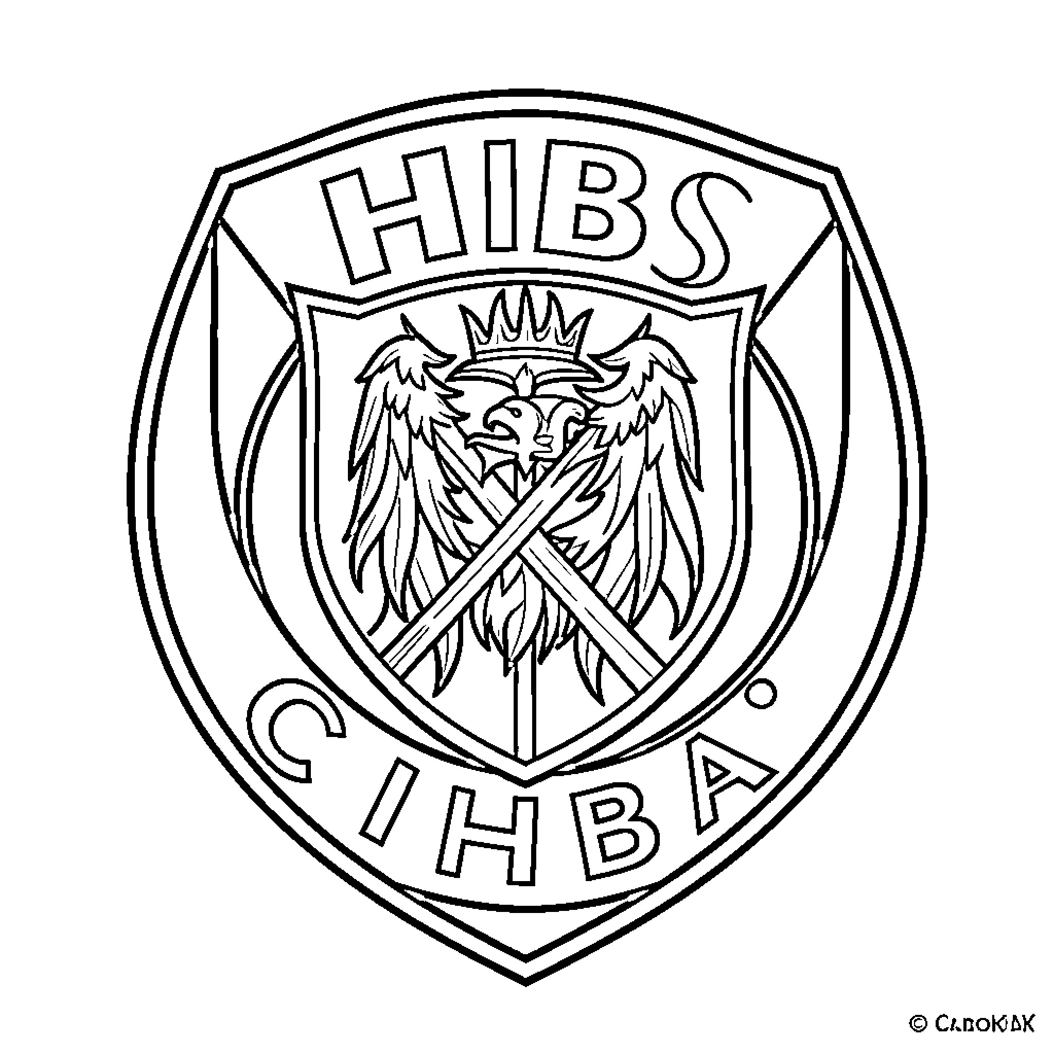 Hibs Badge featuring a crowned eagle and crossed swords Coloring Page (free black-and-white line drawing printable PDF for all, from beginners to advanced learners, including children, teens, adults, and seniors)