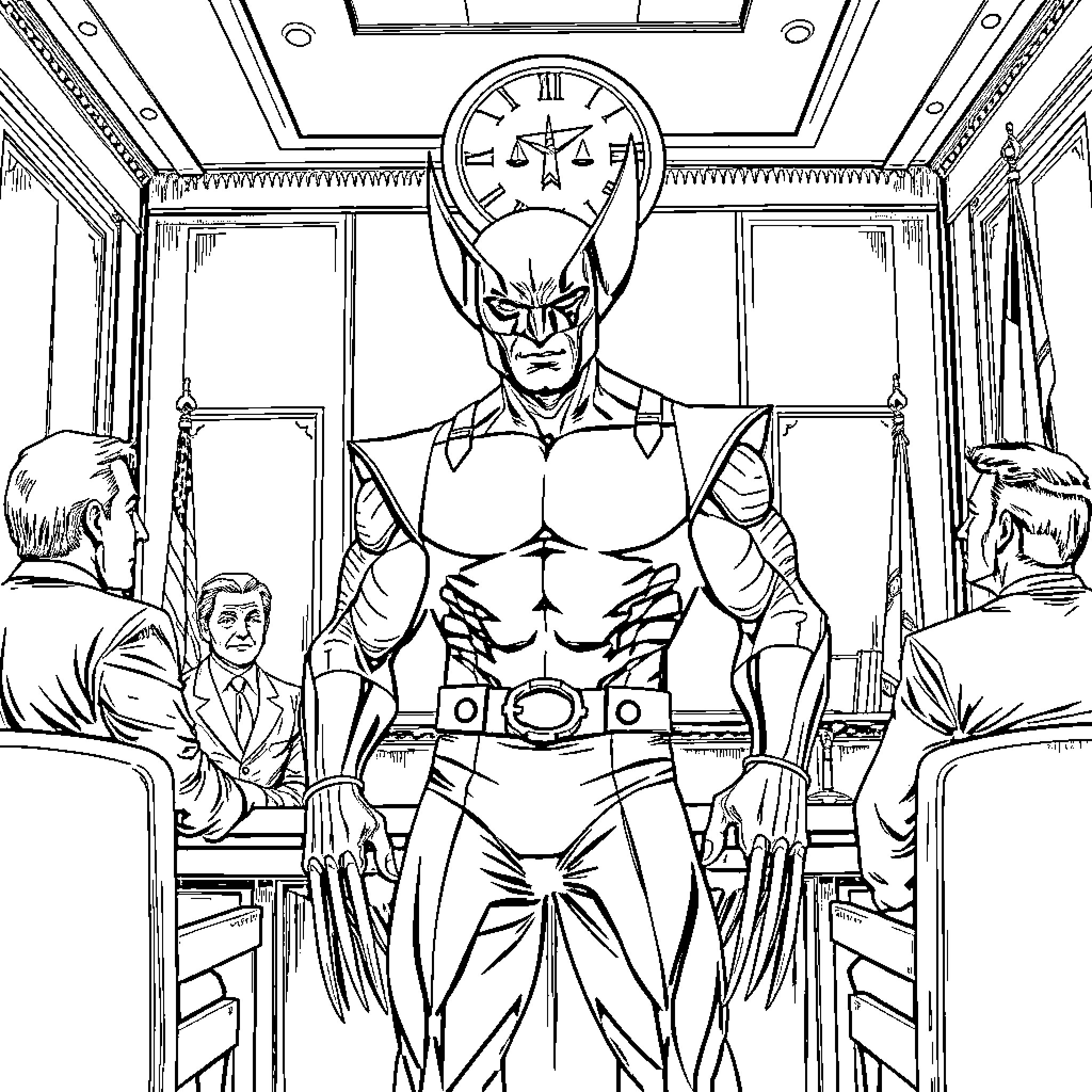 Wolverine standing heroically in an office setting Coloring Page (free black-and-white line drawing printable PDF for all, from beginners to advanced learners, including children, teens, adults, and seniors)