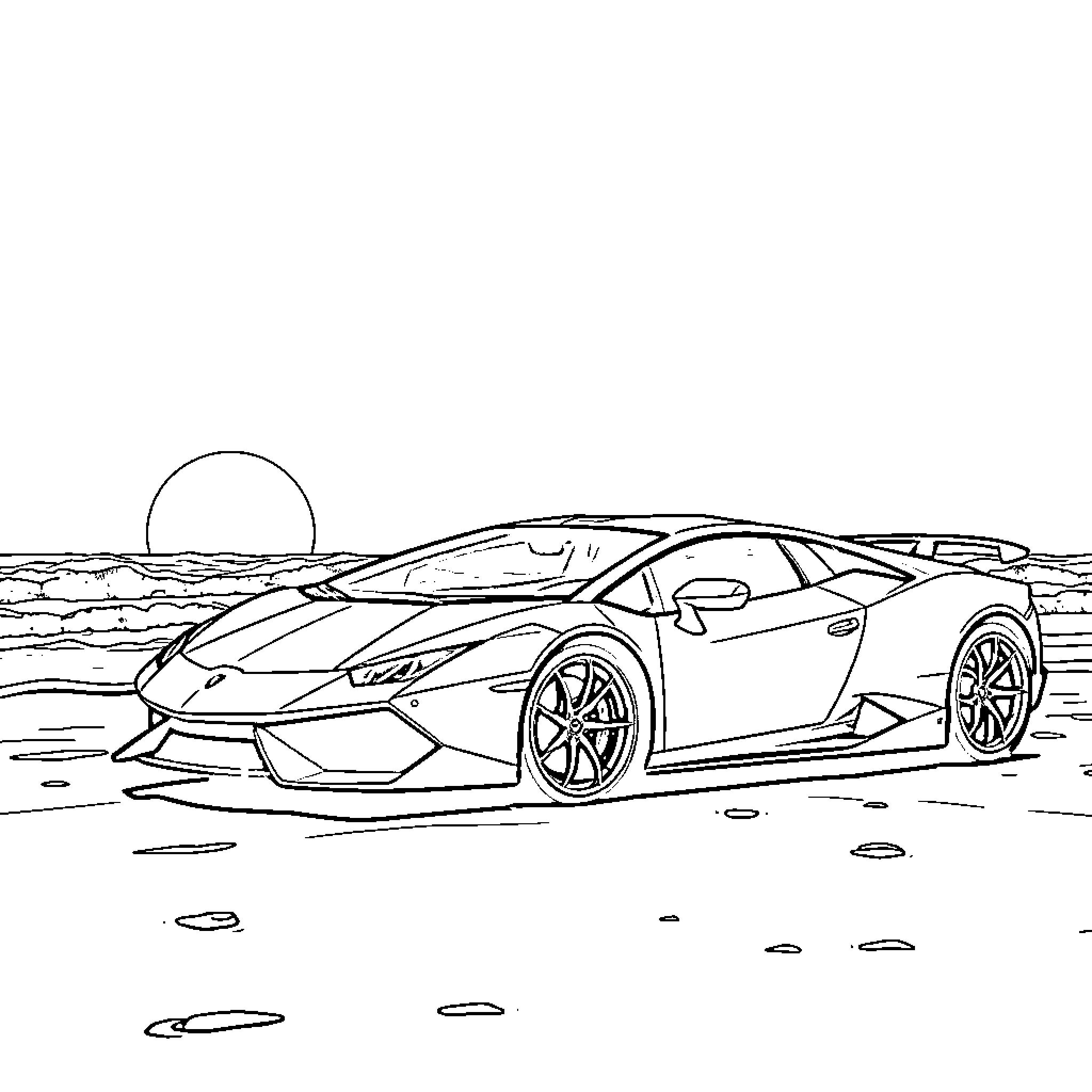 Lamborghini parked on a beach during sunset Coloring Page (free black-and-white line drawing printable PDF for all, from beginners to advanced learners, including children, teens, adults, and seniors)