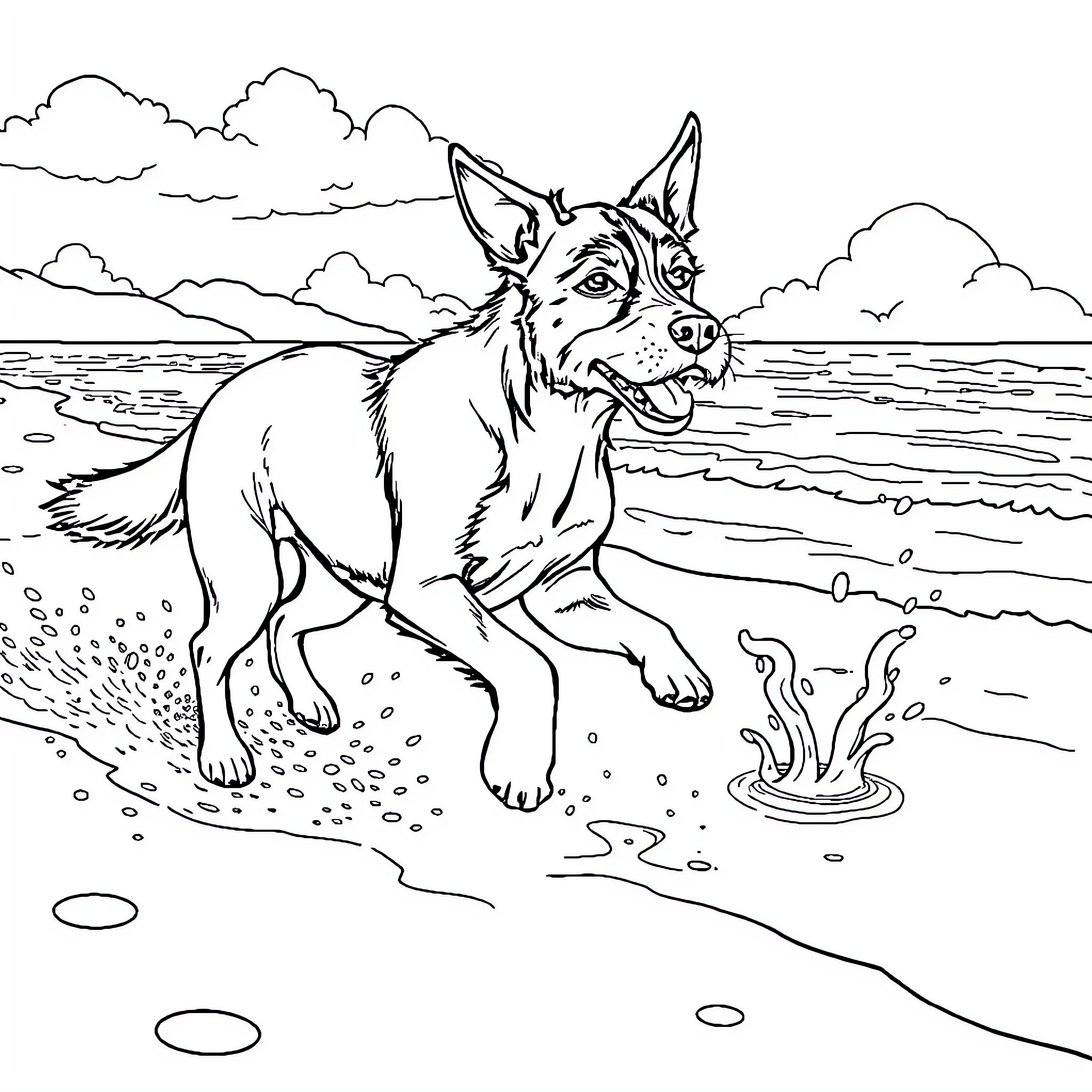 Dog running joyfully on the beach Coloring Page (free black-and-white line drawing printable PDF for all, from beginners to advanced learners, including children, teens, adults, and seniors)