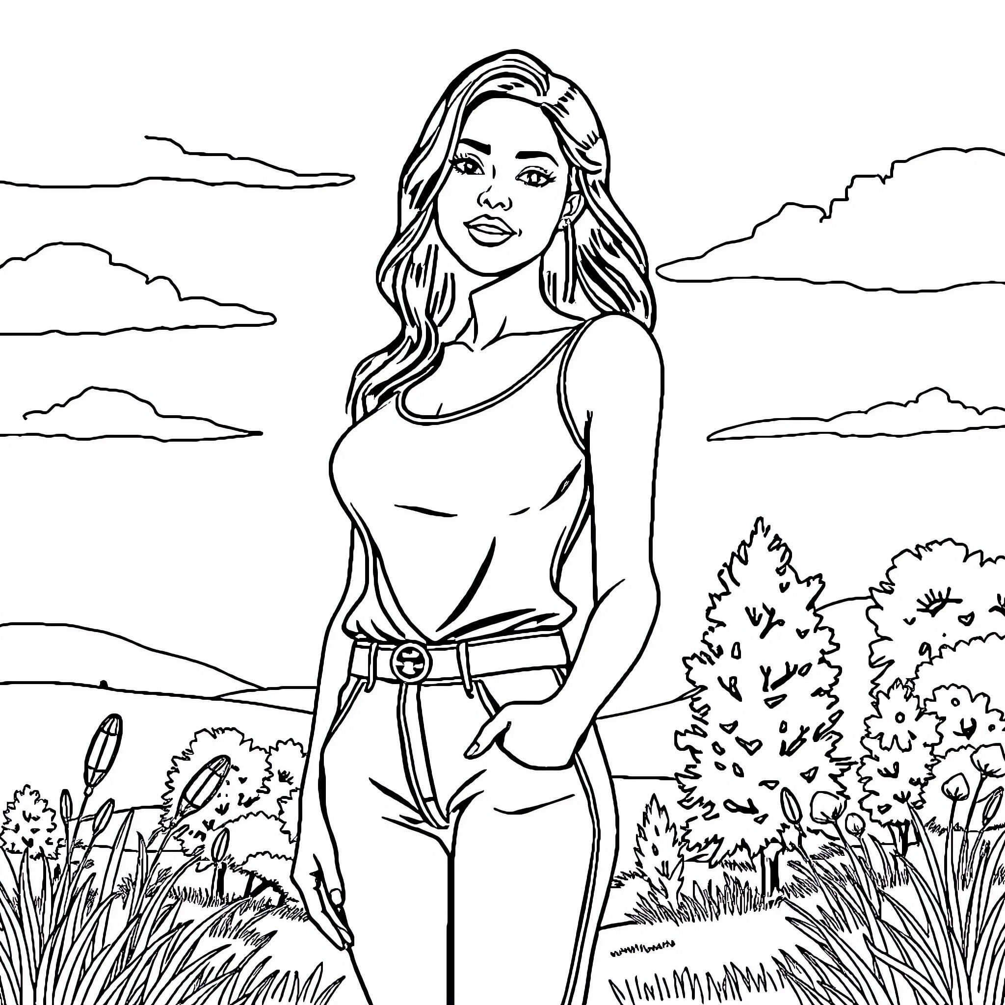 Woman standing confidently in outdoor nature scene Coloring Page (free black-and-white line drawing printable PDF for all, from beginners to advanced learners, including children, teens, adults, and seniors)
