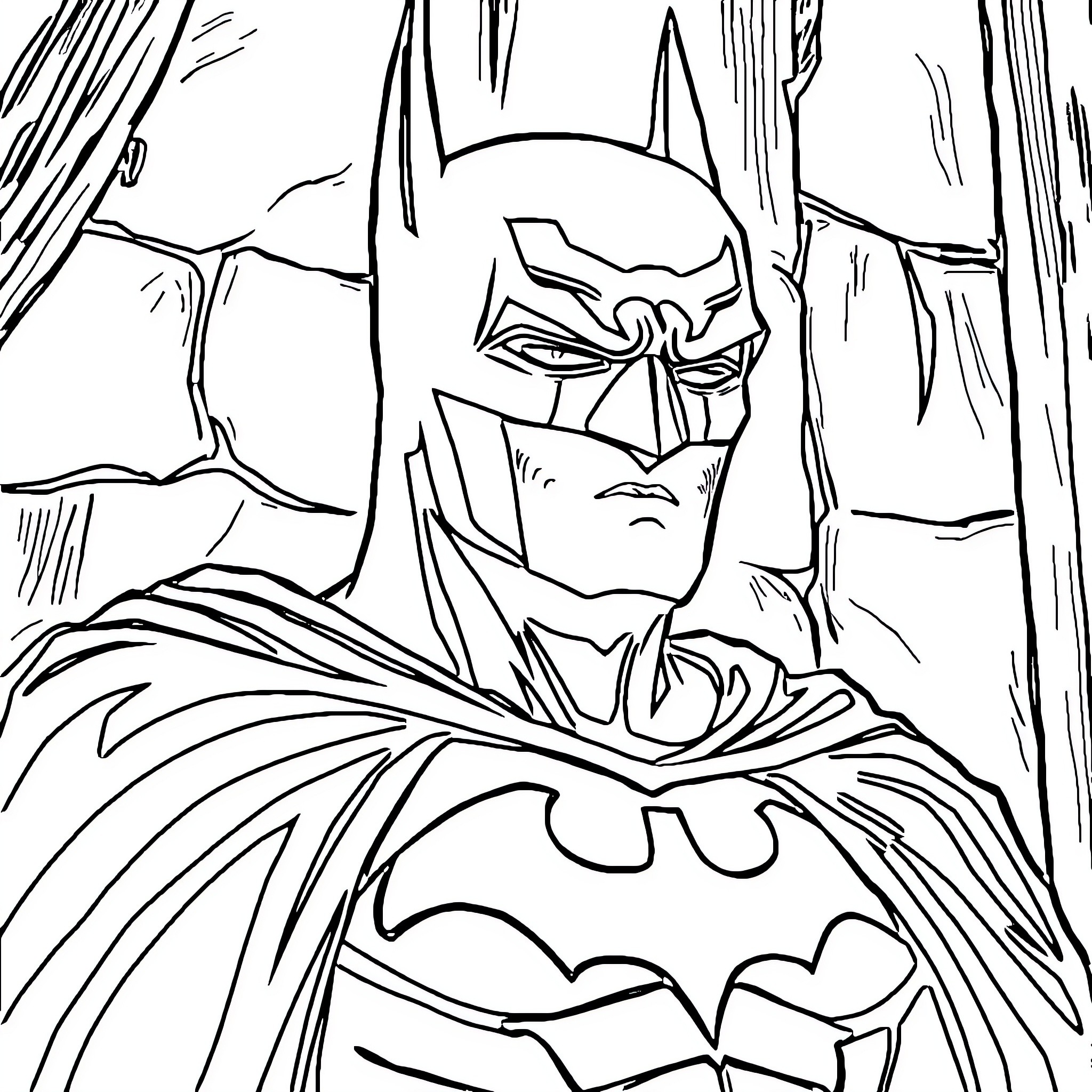 Batman in Intense Contemplation Coloring Page (free black-and-white line drawing printable PDF for all, from beginners to advanced learners, including children, teens, adults, and seniors)