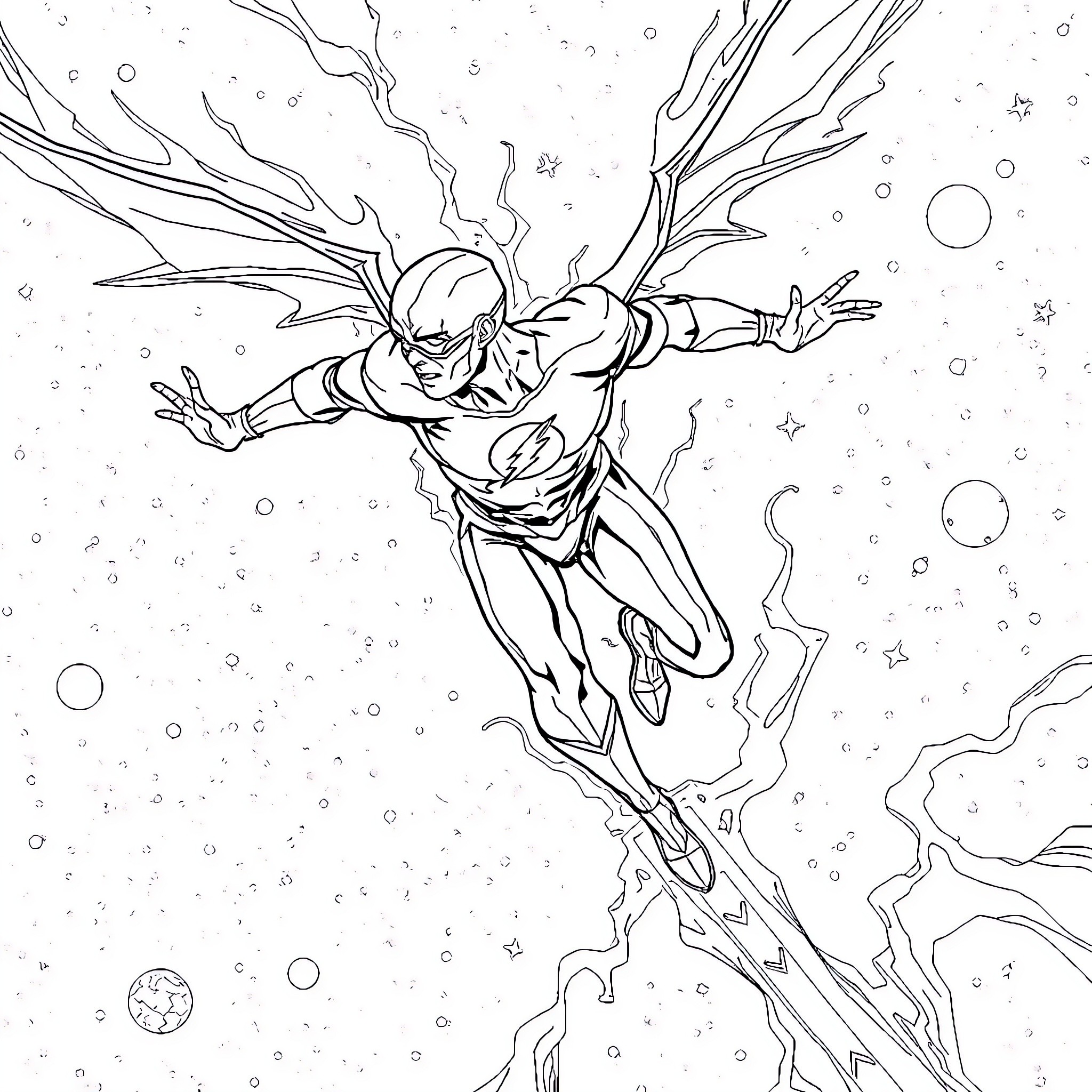 Flash Speeding Through the Cosmic Realm Coloring Page (free black-and-white line drawing printable PDF for all, from beginners to advanced learners, including children, teens, adults, and seniors)