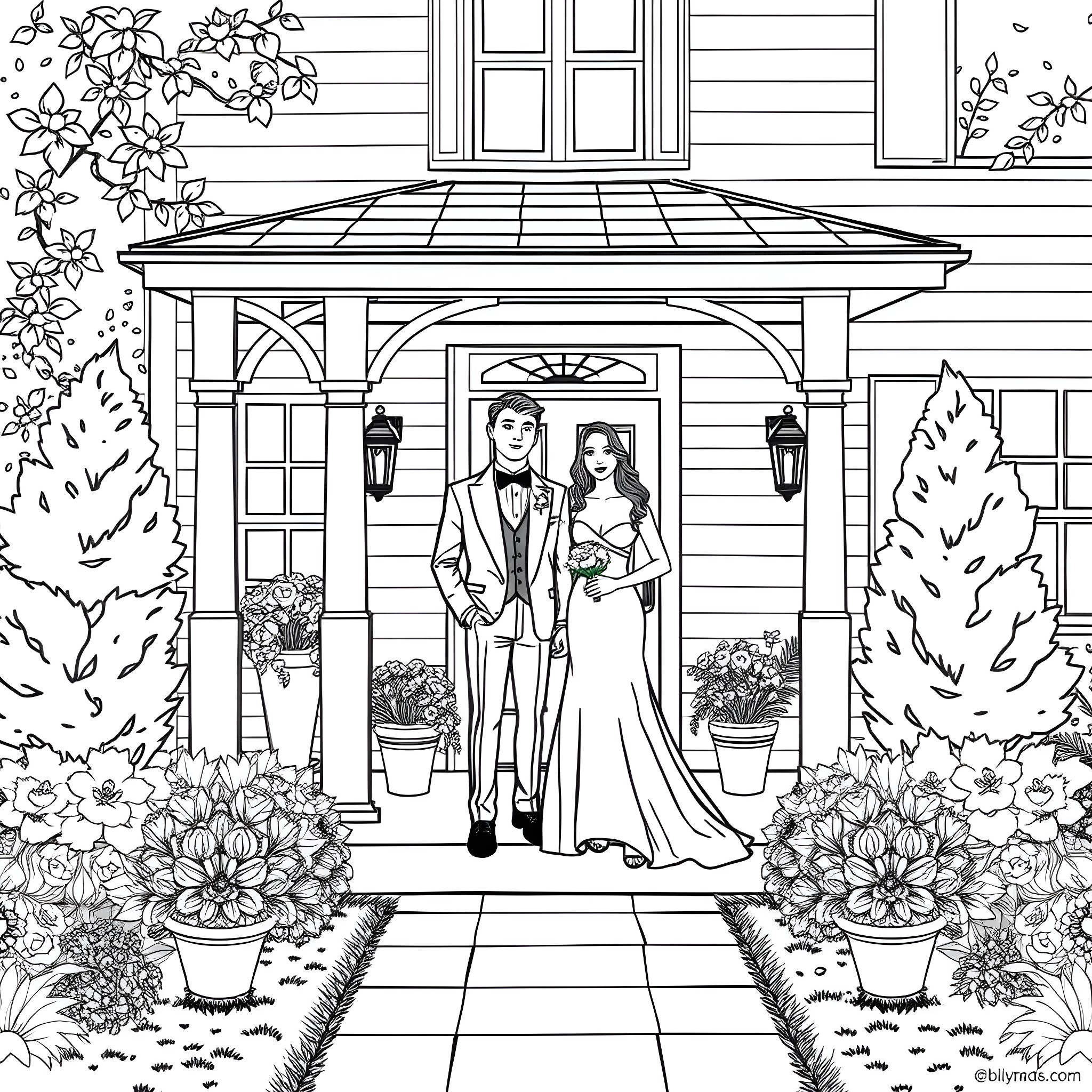 Teen Couple Posing for Wedding Photo at Ornate Garden Porch Coloring Page (free black-and-white line drawing printable PDF for all, from beginners to advanced learners, including children, teens, adults, and seniors)