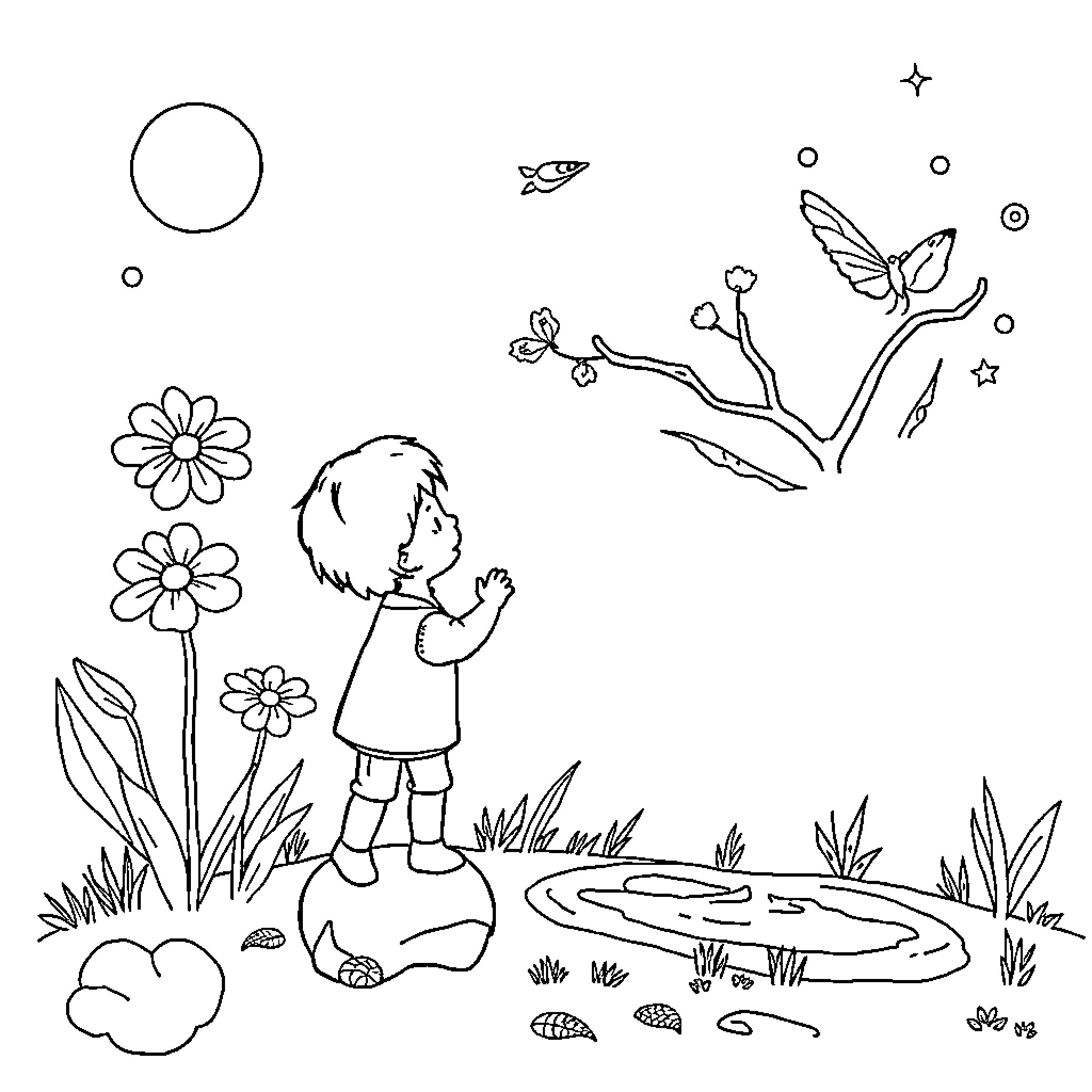 Nature scene with child observing butterflies and flowers Coloring Page (free black-and-white line drawing printable PDF for all, from beginners to advanced learners, including children, teens, adults, and seniors)