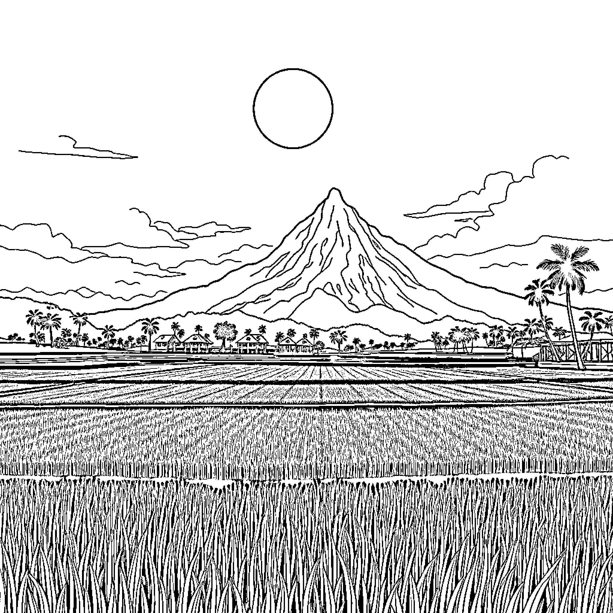 Kampung landscape with majestic mountain and paddy fields Coloring Page (free black-and-white line drawing printable PDF for all, from beginners to advanced learners, including children, teens, adults, and seniors)