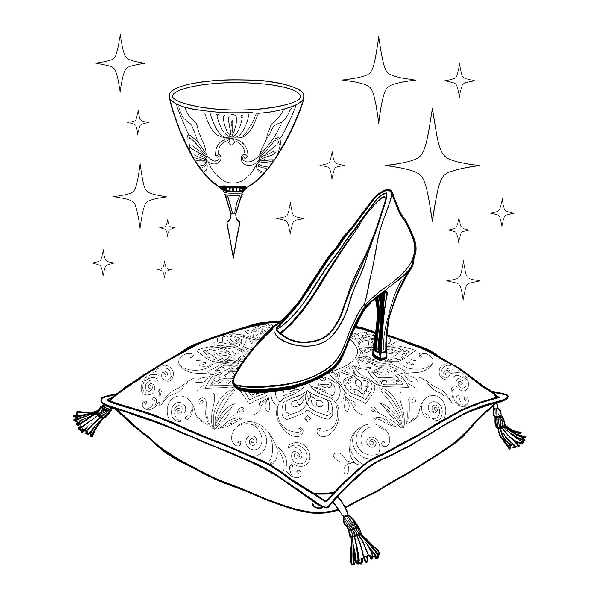 Cinderella's enchanted glass slipper and crystal goblet Coloring Page (free black-and-white line drawing printable PDF for all, from beginners to advanced learners, including children, teens, adults, and seniors)