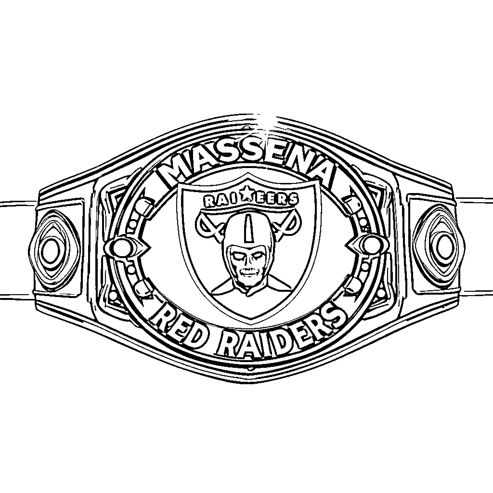 Championship Belt with Raiders Logo and Graphic Coloring Page (free black-and-white line drawing printable PDF for all, from beginners to advanced learners, including children, teens, adults, and seniors)