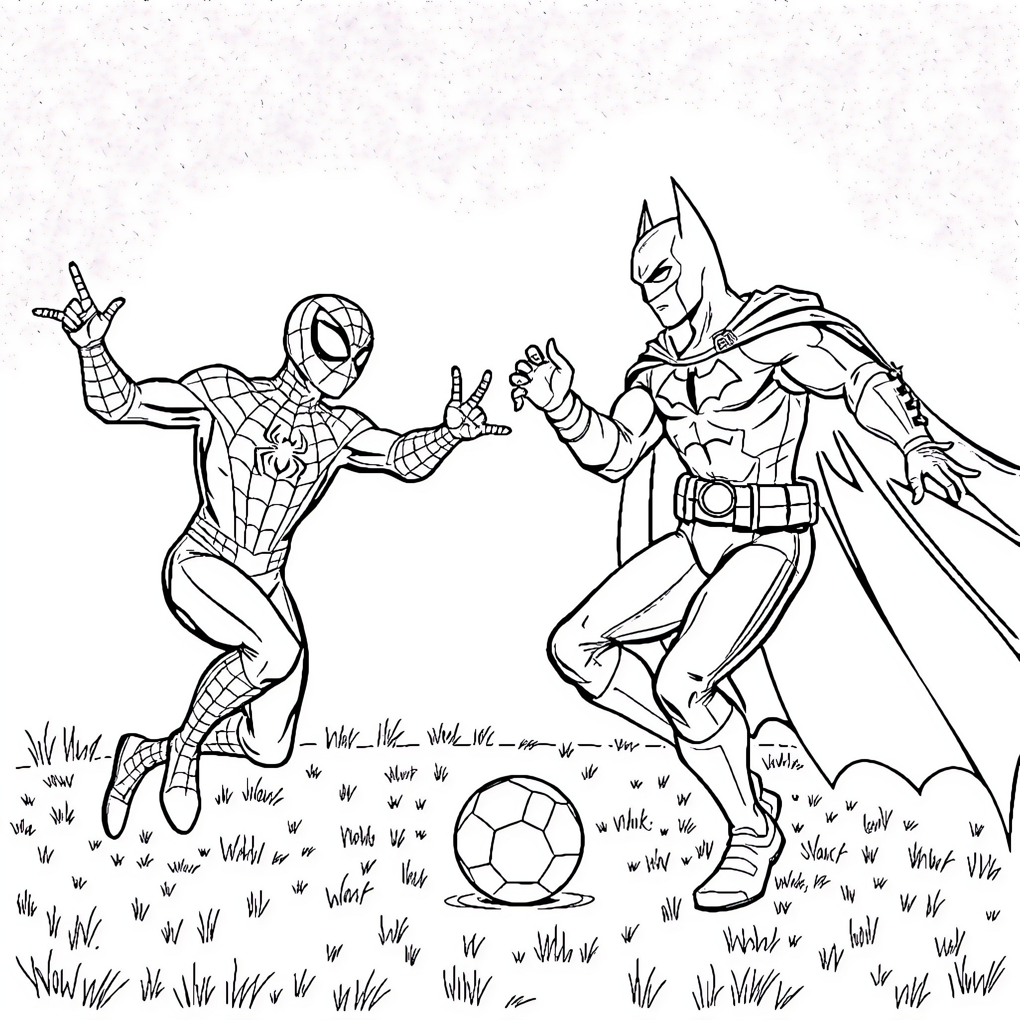Spidey and Batman playing soccer in the park Coloring Page (free black-and-white line drawing printable PDF for all, from beginners to advanced learners, including children, teens, adults, and seniors)