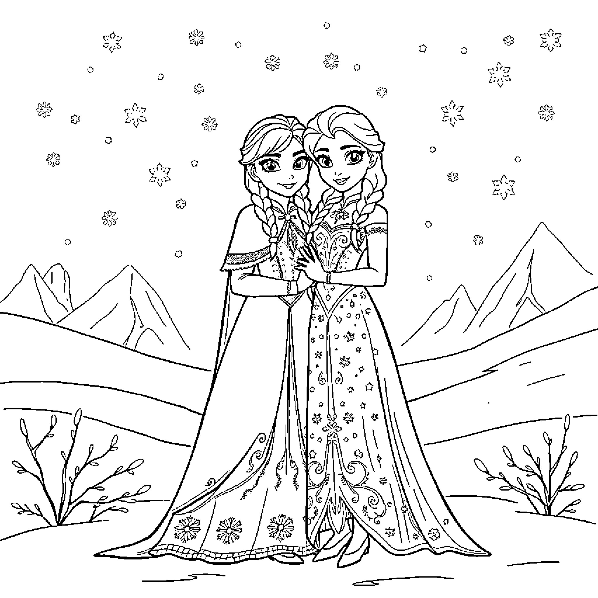 Anna and her sister in winter wonderland Coloring Page (free black-and-white line drawing printable PDF for all, from beginners to advanced learners, including children, teens, adults, and seniors)