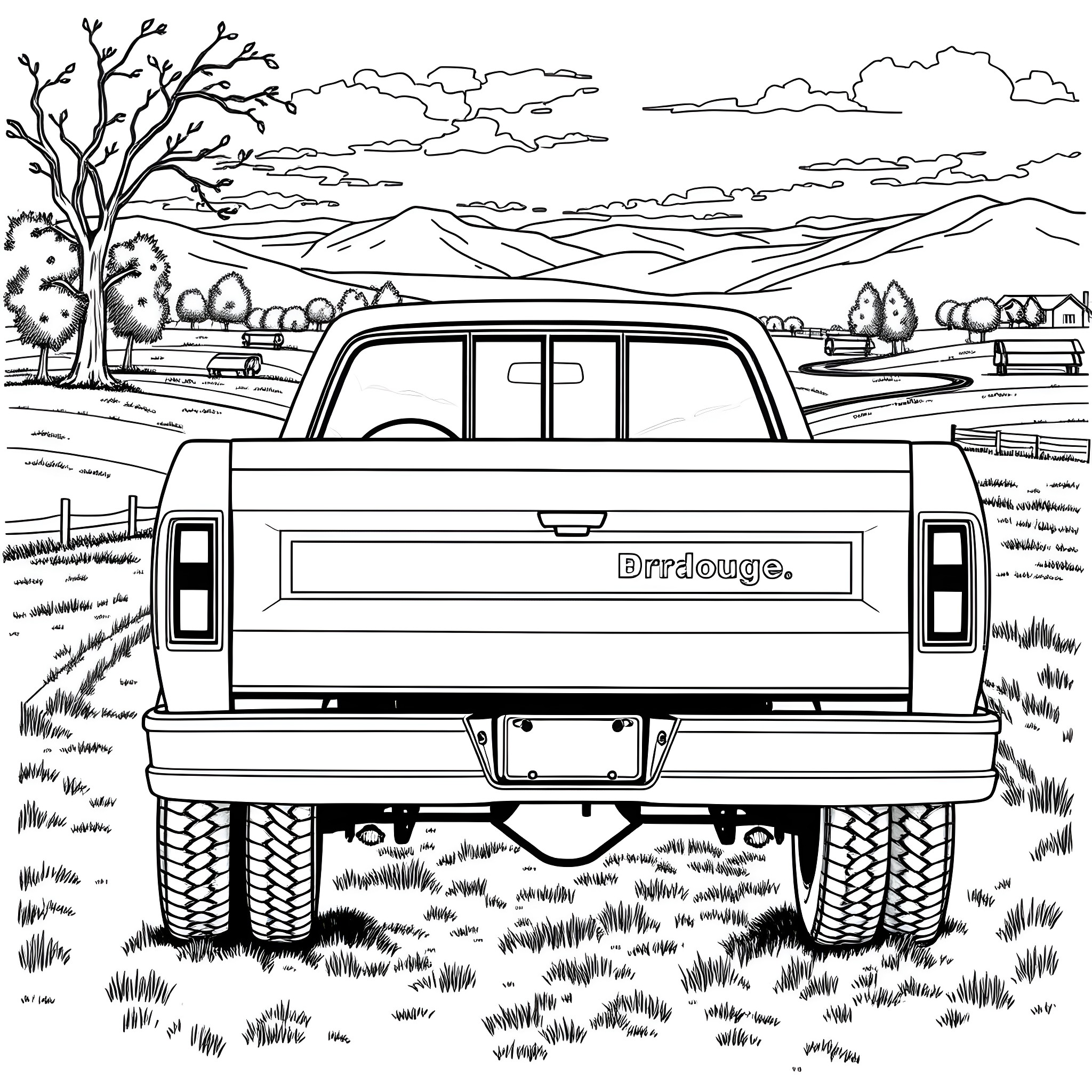Dodge pickup truck driving through a scenic landscape Coloring Page (free black-and-white line drawing printable PDF for all, from beginners to advanced learners, including children, teens, adults, and seniors)