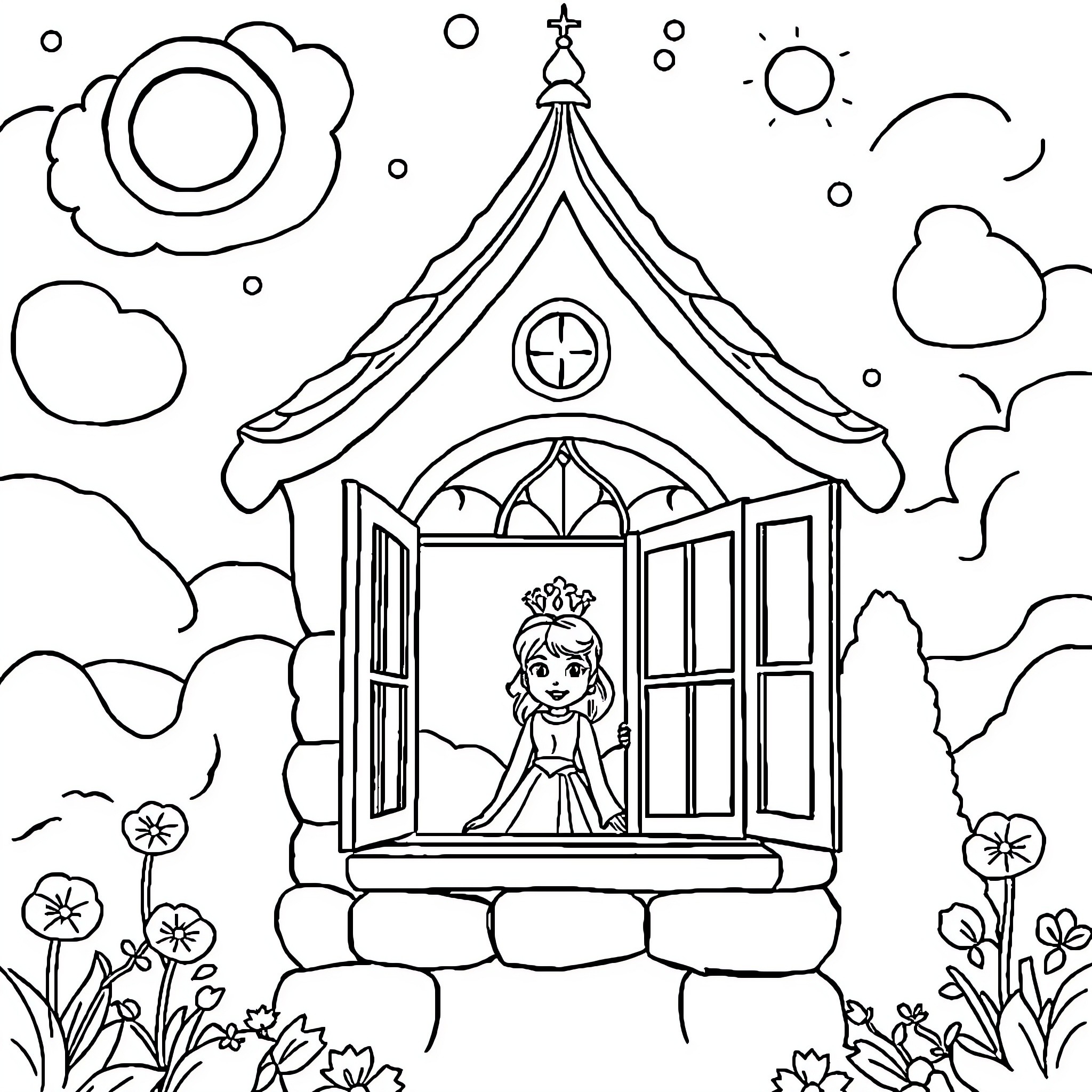 Princess in a Whimsical Castle Window Coloring Page (free black-and-white line drawing printable PDF for all, from beginners to advanced learners, including children, teens, adults, and seniors)
