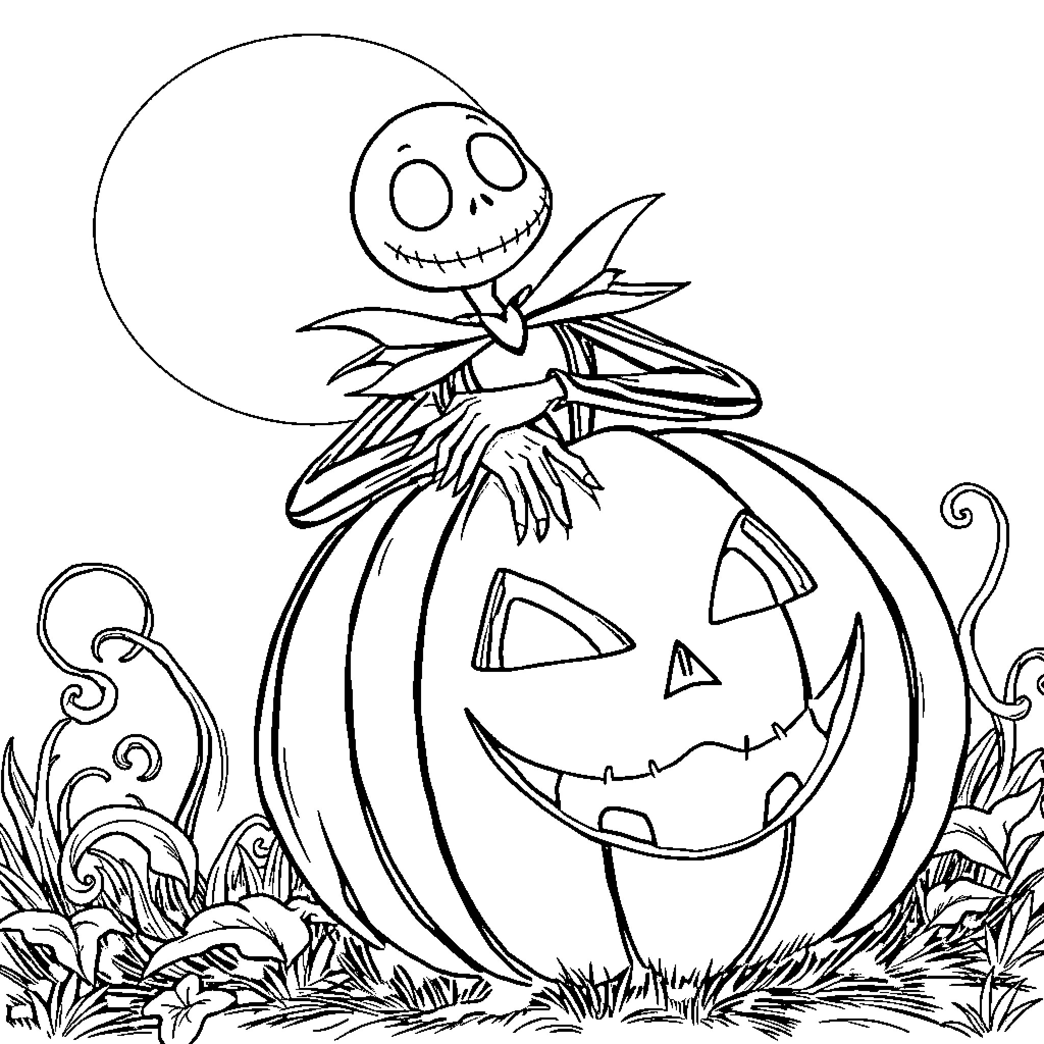 Jack Skellington sitting atop a carved pumpkin Coloring Page (free black-and-white line drawing printable PDF for all, from beginners to advanced learners, including children, teens, adults, and seniors)