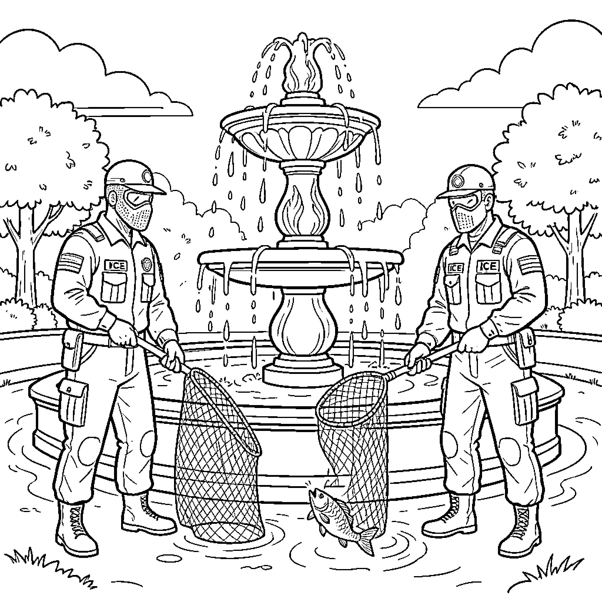 Ice Agent Inspecting Wildlife Near a Fountain Coloring Page (free black-and-white line drawing printable PDF for all, from beginners to advanced learners, including children, teens, adults, and seniors)
