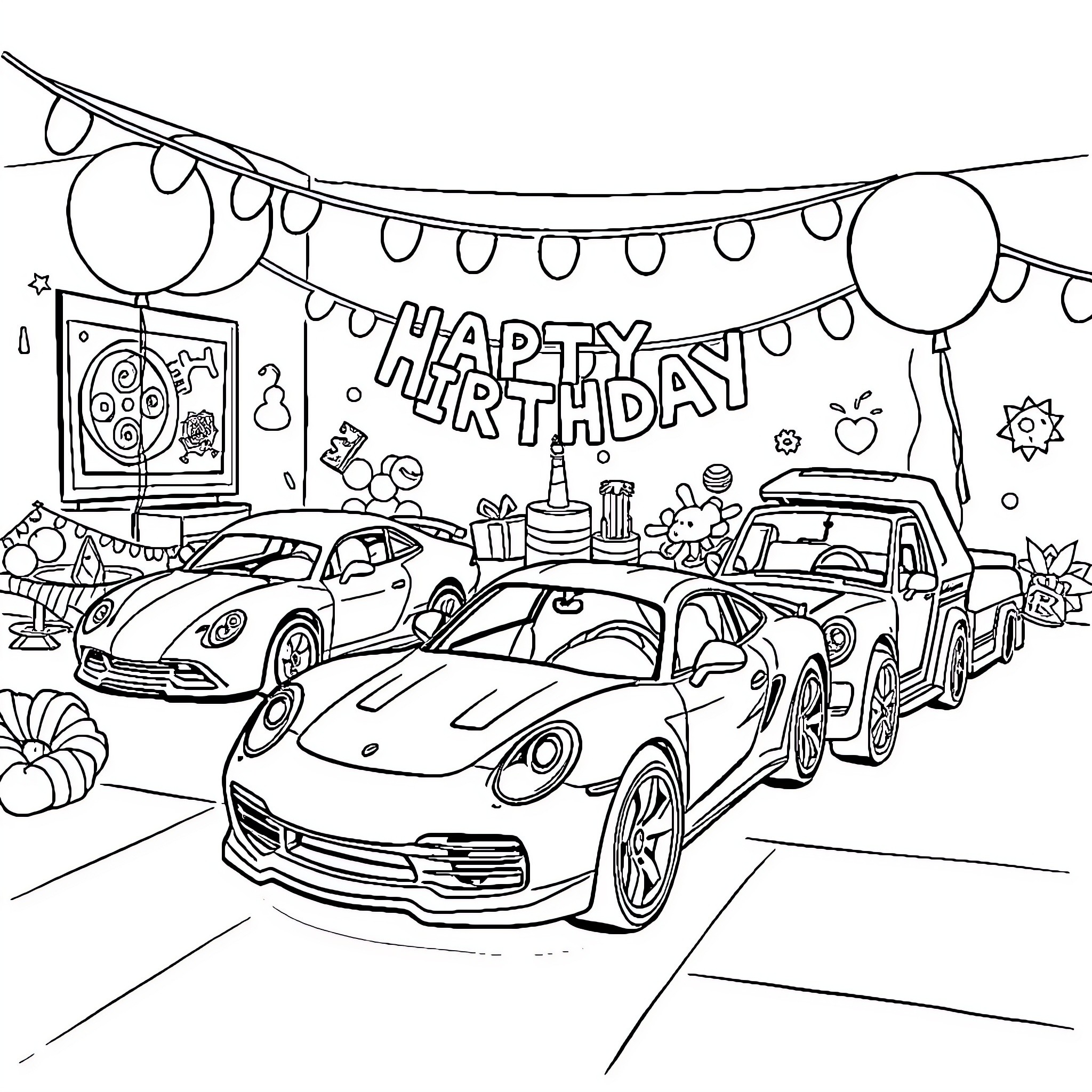 Hot Wheels celebrating a birthday party Coloring Page (free black-and-white line drawing printable PDF for all, from beginners to advanced learners, including children, teens, adults, and seniors)