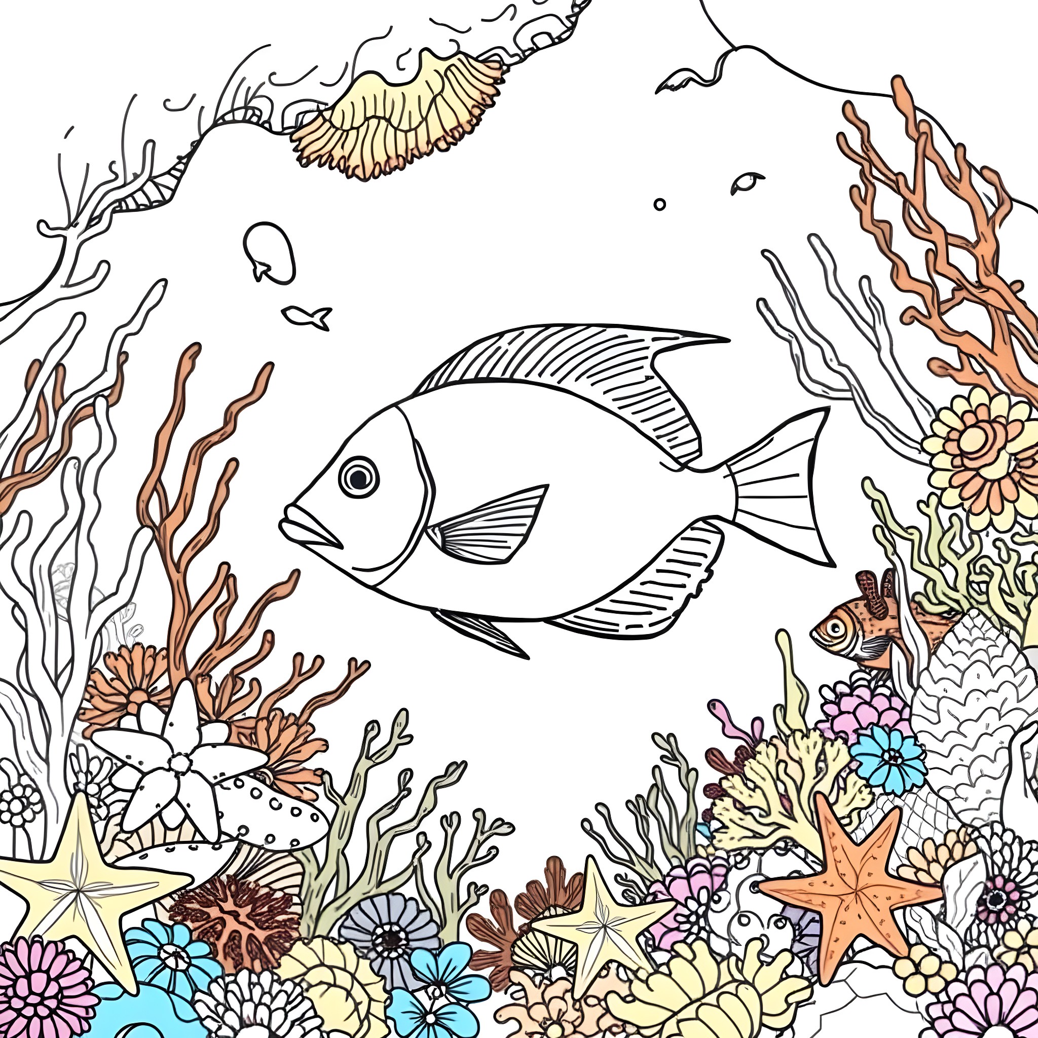 Fish swimming among vibrant coral reef Coloring Page (free black-and-white line drawing printable PDF for all, from beginners to advanced learners, including children, teens, adults, and seniors)