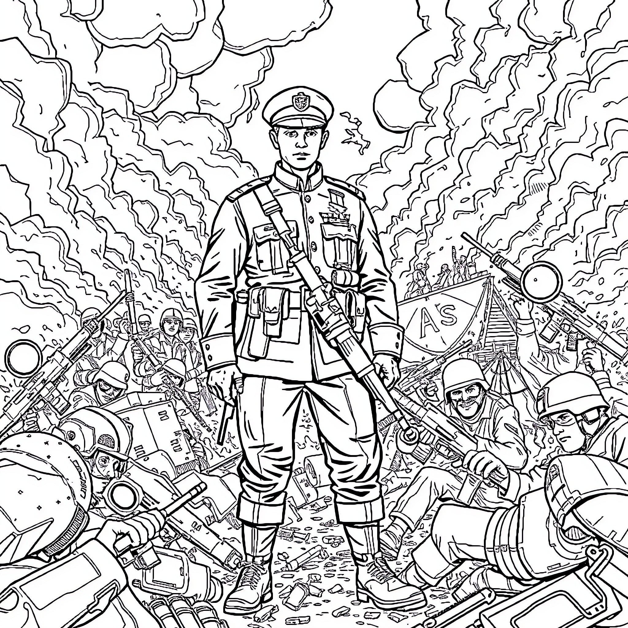 Soldier Leading Troops Through Intense Battlefield Coloring Page (free black-and-white line drawing printable PDF for all, from beginners to advanced learners, including children, teens, adults, and seniors)
