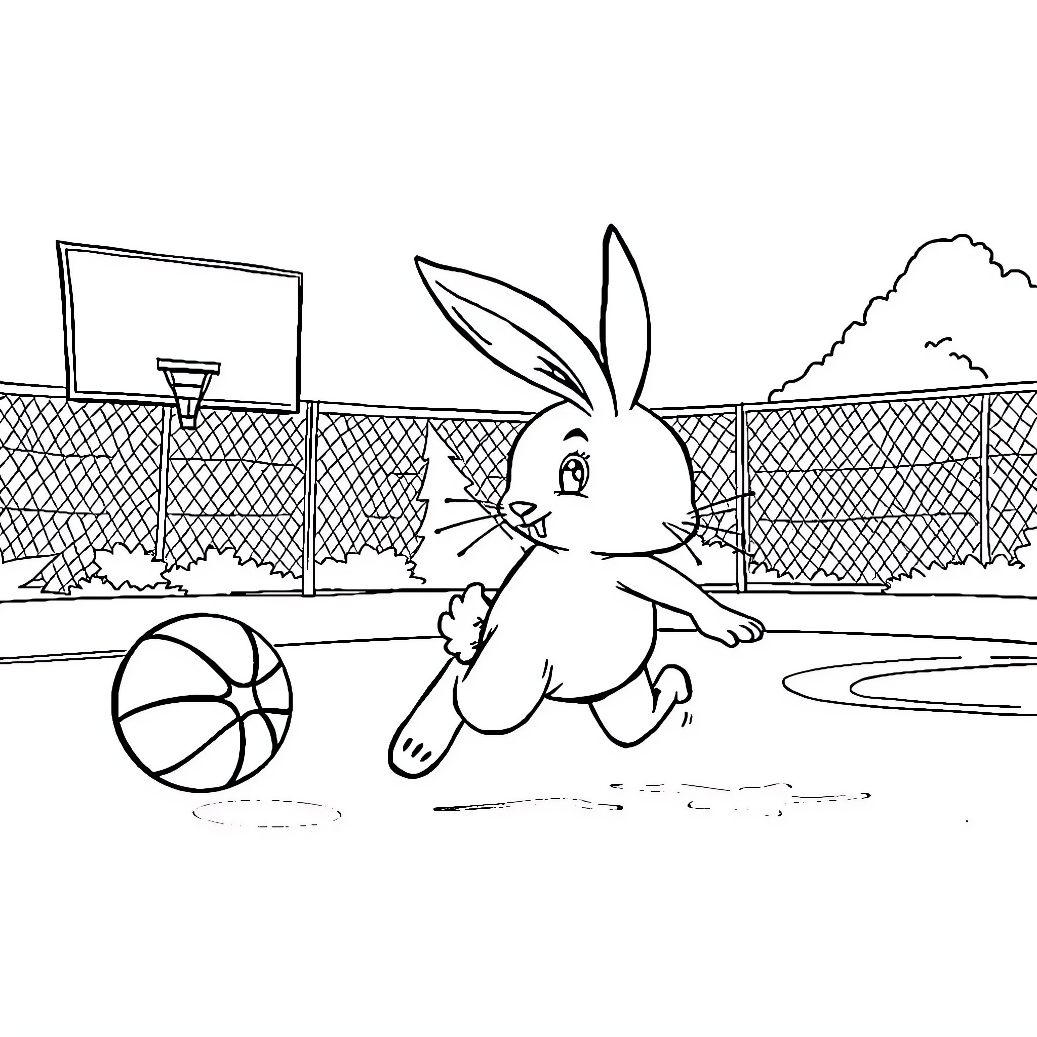 Rabbit playing with basketball on playground Coloring Page (free black-and-white line drawing printable PDF for all, from beginners to advanced learners, including children, teens, adults, and seniors)