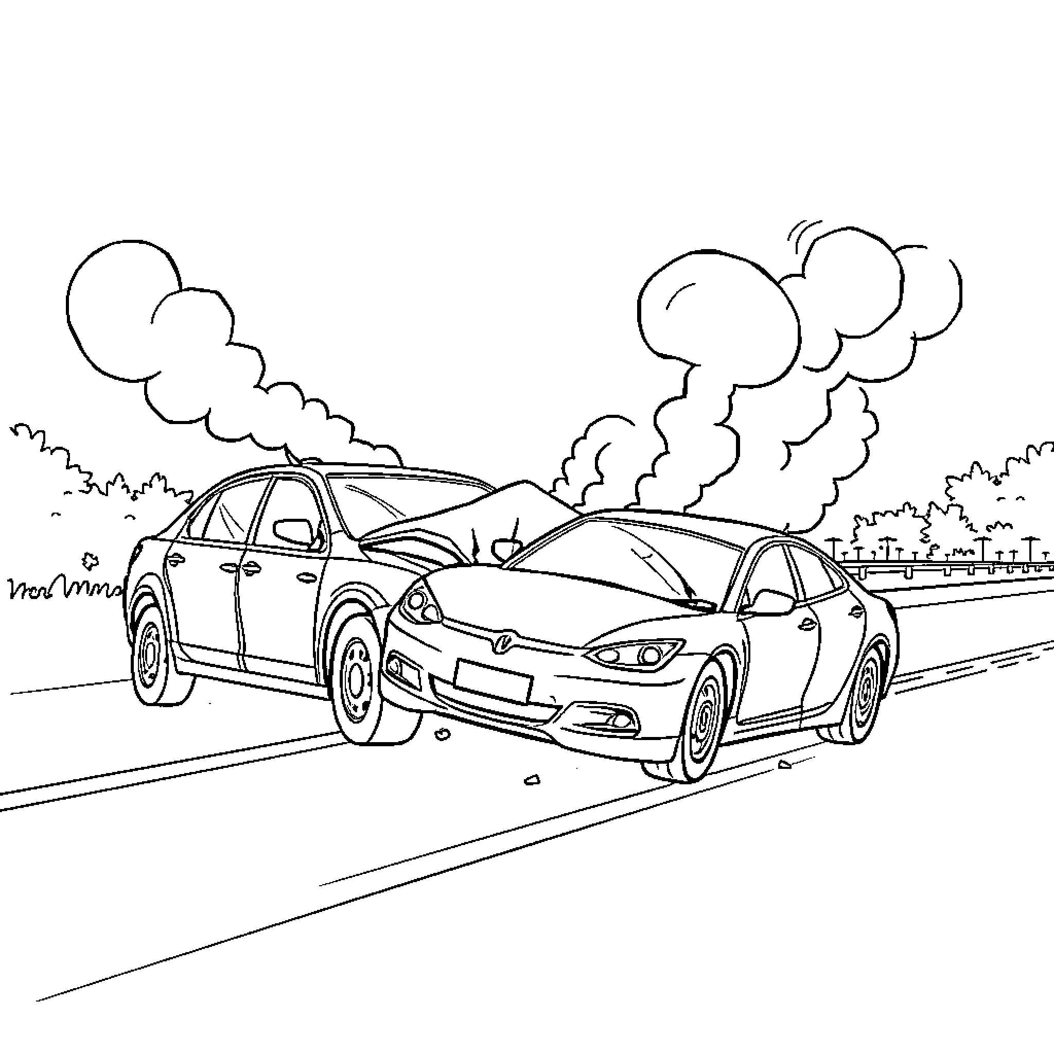 Car Accident on the Road Coloring Page (free black-and-white line drawing printable PDF for all, from beginners to advanced learners, including children, teens, adults, and seniors)