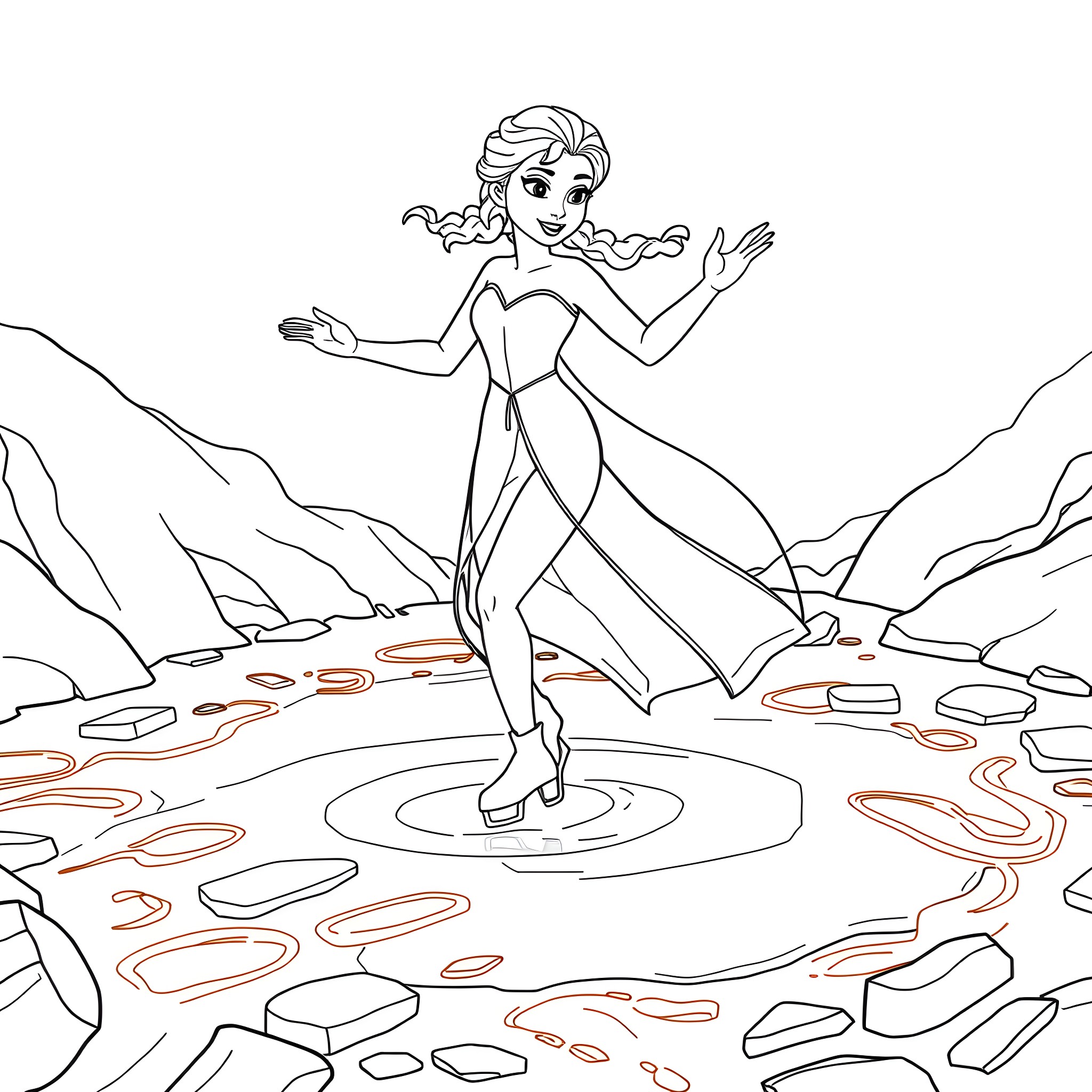 Elsa's Frozen Adventure in the Icy Landscape Coloring Page (free black-and-white line drawing printable PDF for all, from beginners to advanced learners, including children, teens, adults, and seniors)