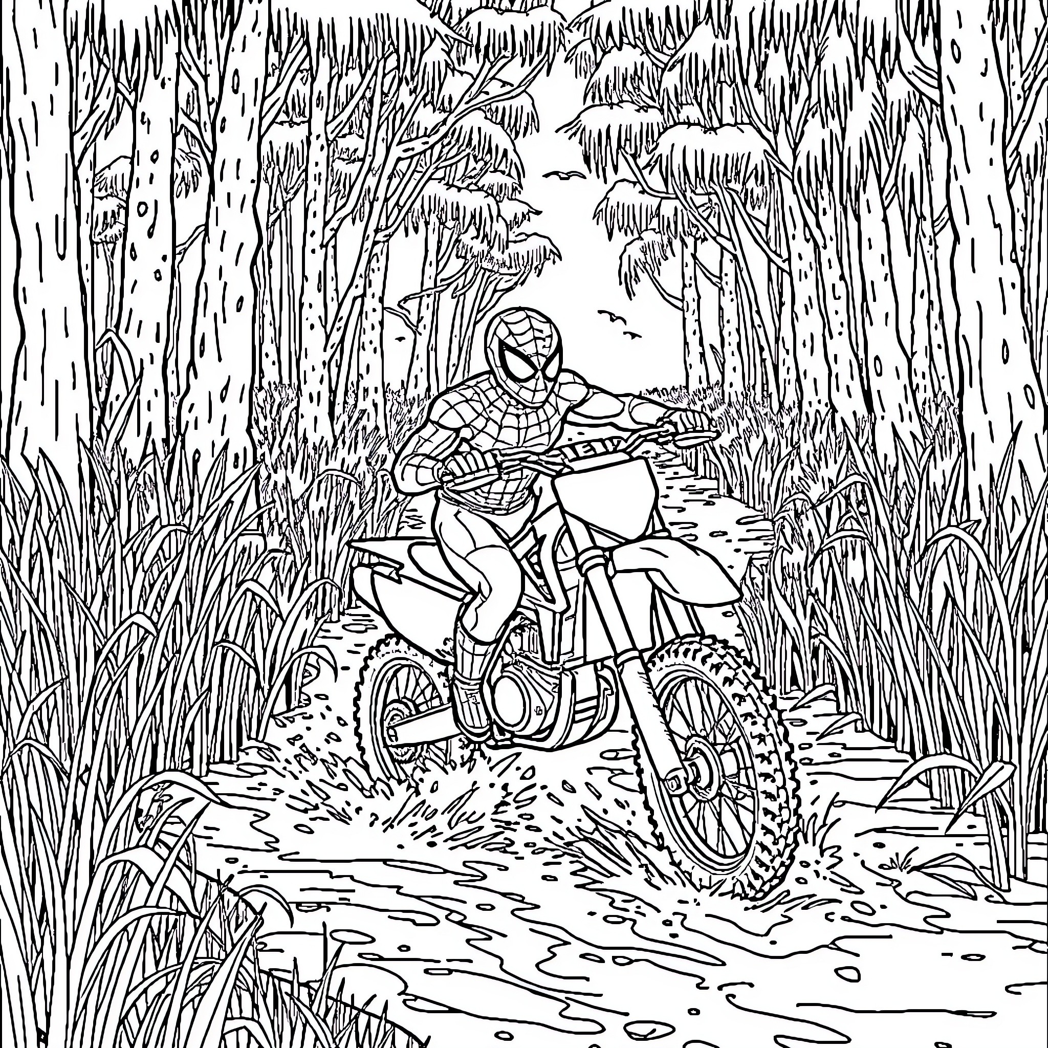 Spider-Man riding motorbike through forest Coloring Page (free black-and-white line drawing printable PDF for all, from beginners to advanced learners, including children, teens, adults, and seniors)