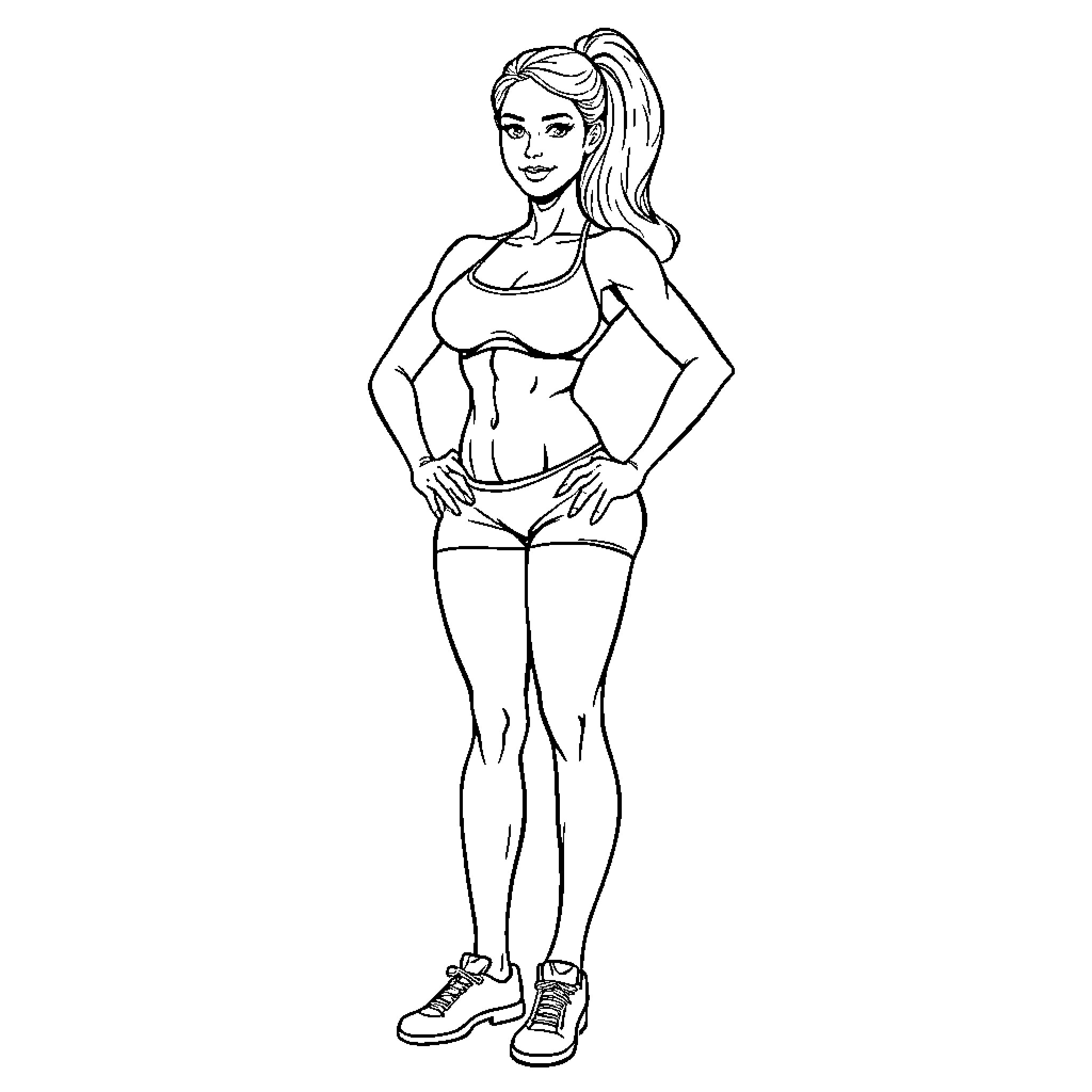 Woman in athletic attire posing confidently Coloring Page (free black-and-white line drawing printable PDF for all, from beginners to advanced learners, including children, teens, adults, and seniors)