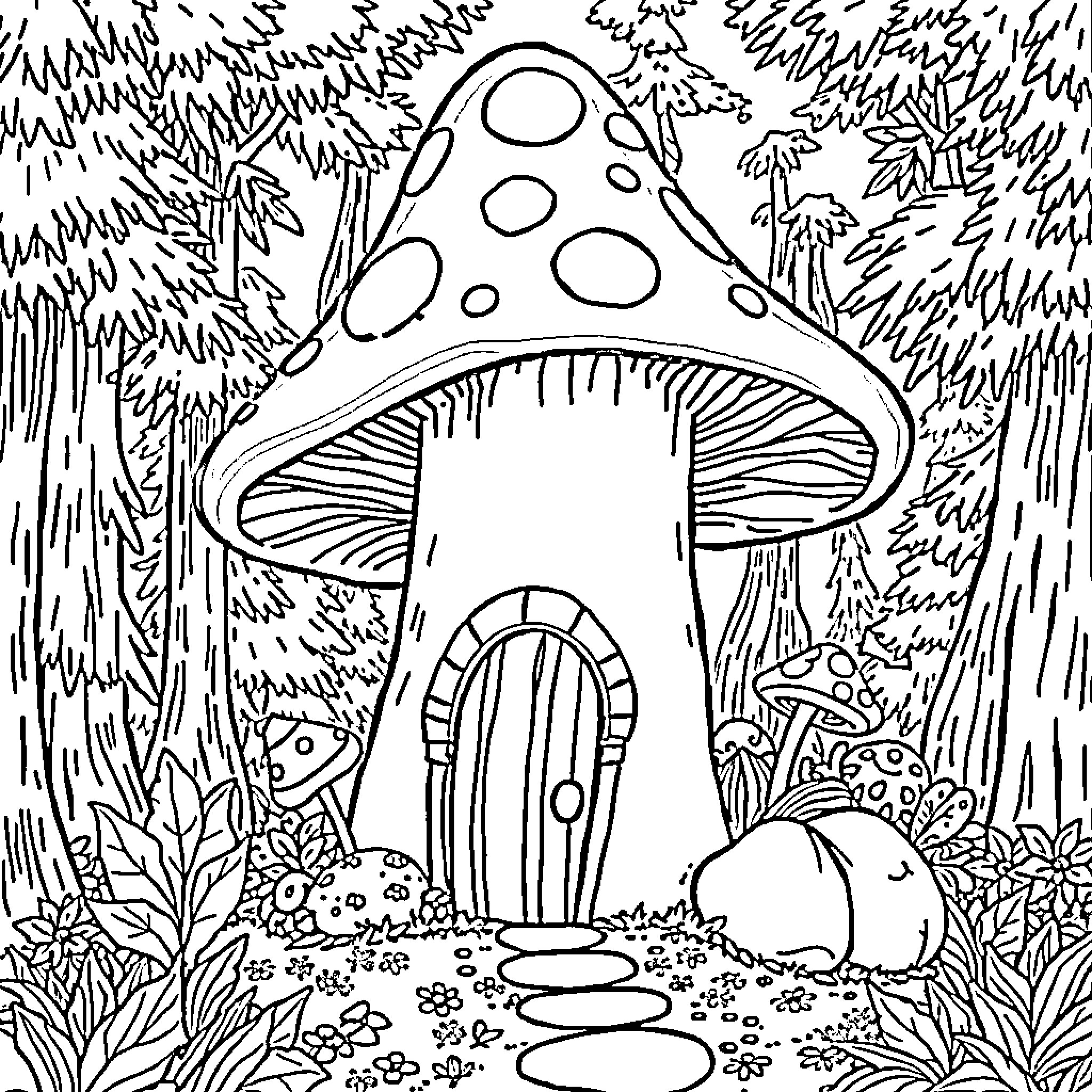 Mushroom Cottage in the Enchanted Forest Coloring Page (free black-and-white line drawing printable PDF for all, from beginners to advanced learners, including children, teens, adults, and seniors)