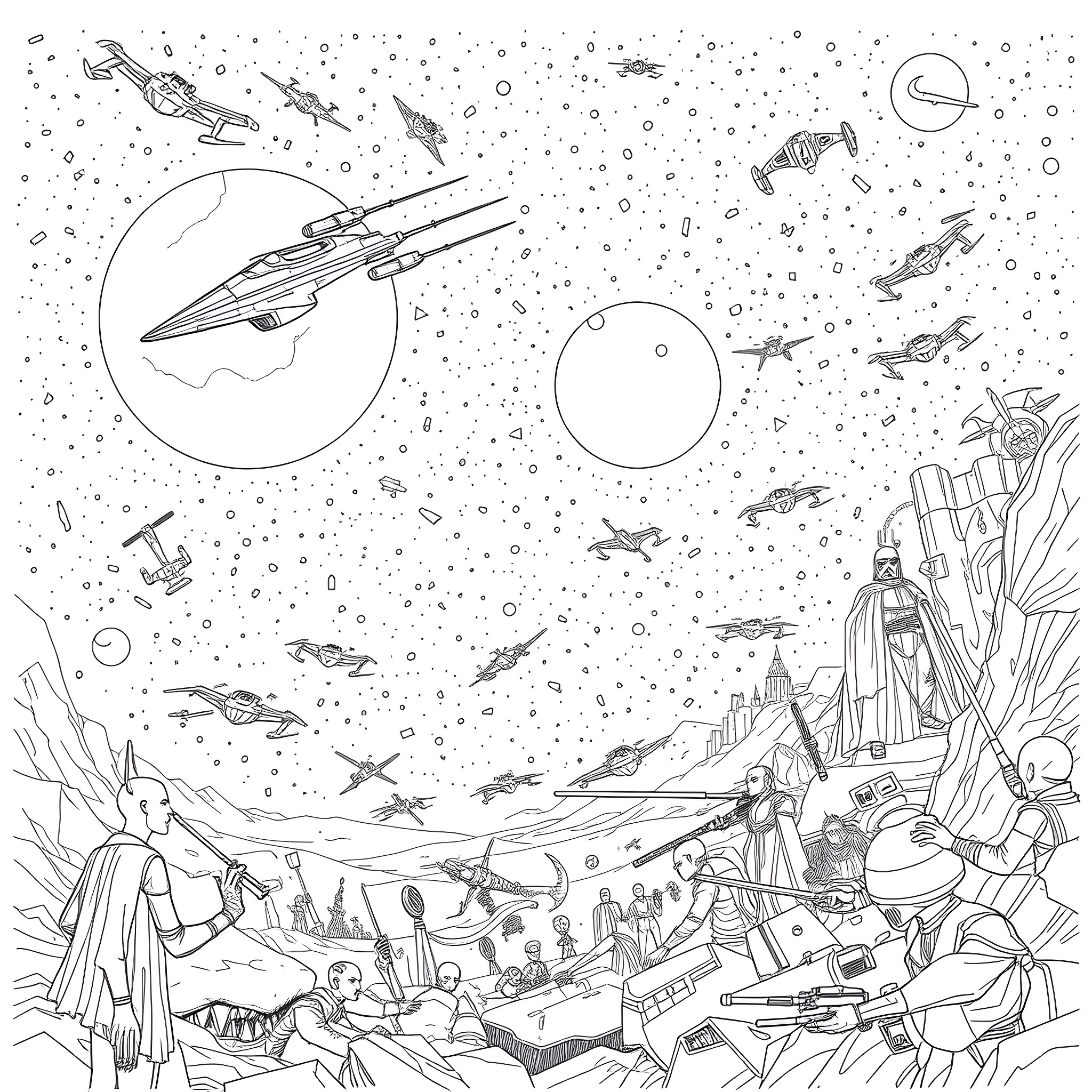 Star Wars: Interstellar battle with spacecraft and characters Coloring Page (free black-and-white line drawing printable PDF for all, from beginners to advanced learners, including children, teens, adults, and seniors)