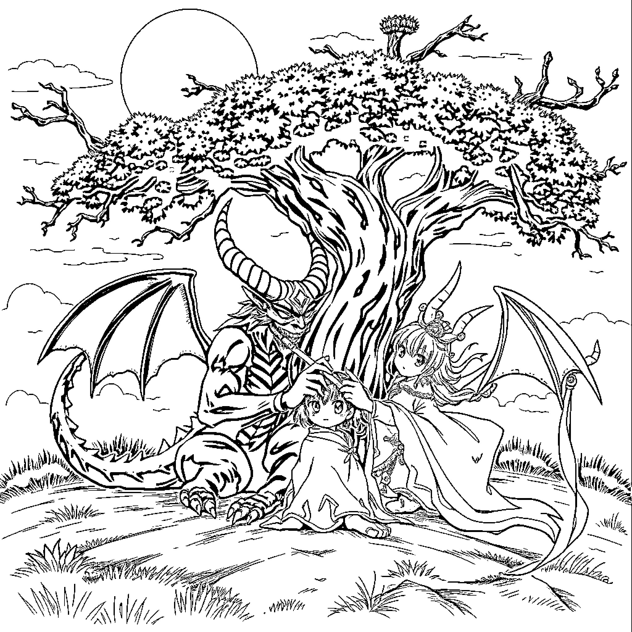 Akaza's Fantastical Encounter in the Mystical Forest Coloring Page (free black-and-white line drawing printable PDF for all, from beginners to advanced learners, including children, teens, adults, and seniors)