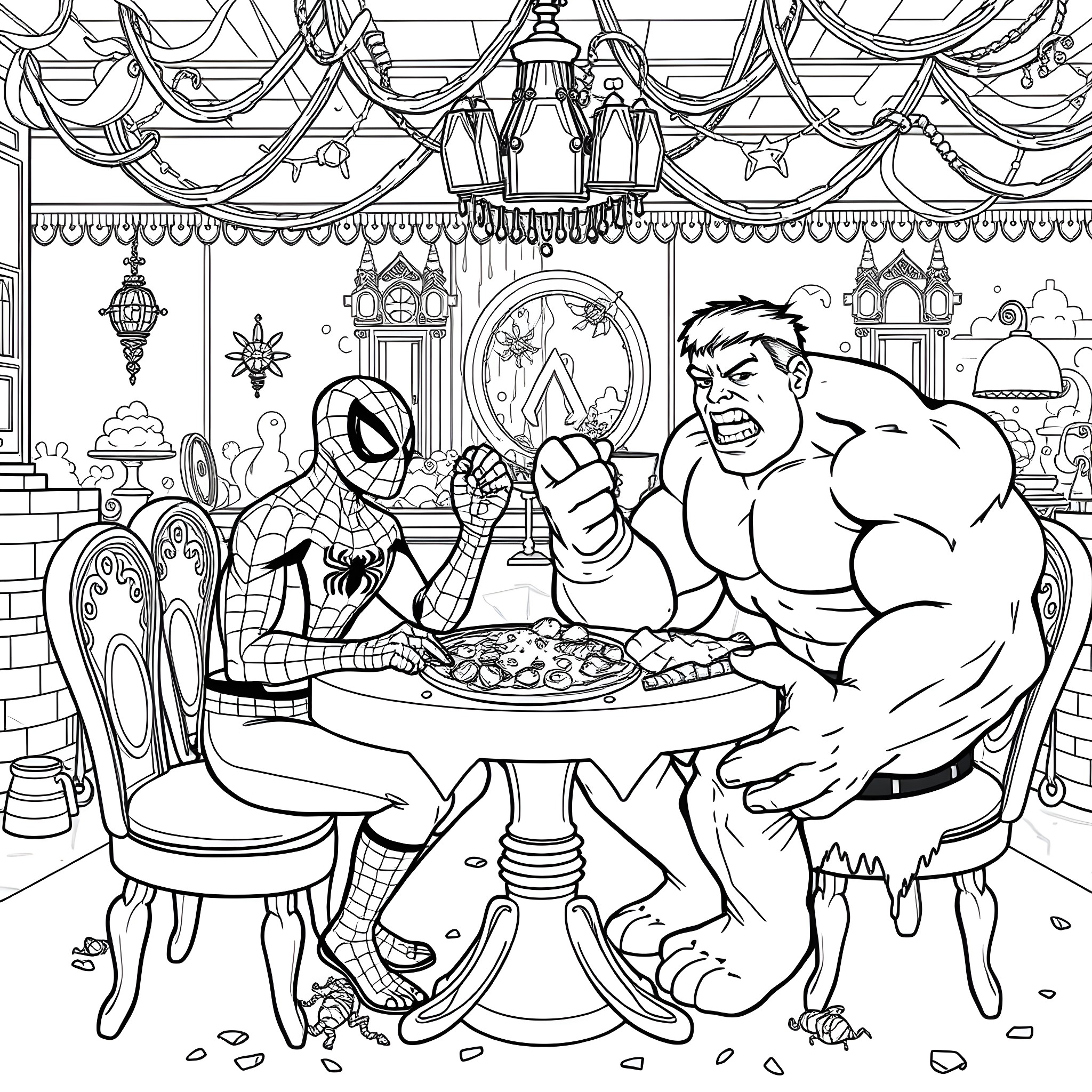 Spiderman and the Hulk enjoying a meal together Coloring Page (free black-and-white line drawing printable PDF for all, from beginners to advanced learners, including children, teens, adults, and seniors)