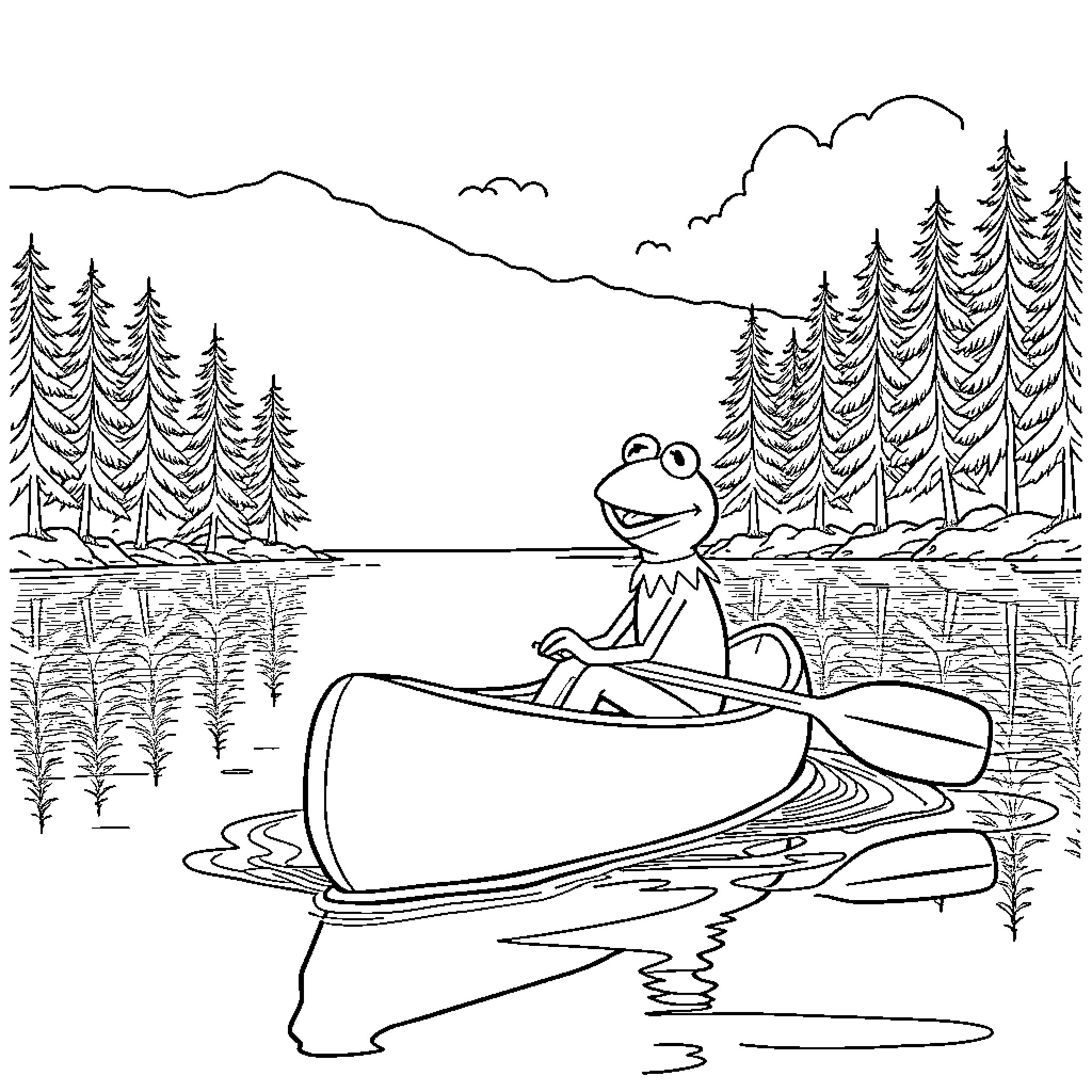 Kermit the Frog goes canoeing in the forest Coloring Page (free black-and-white line drawing printable PDF for all, from beginners to advanced learners, including children, teens, adults, and seniors)