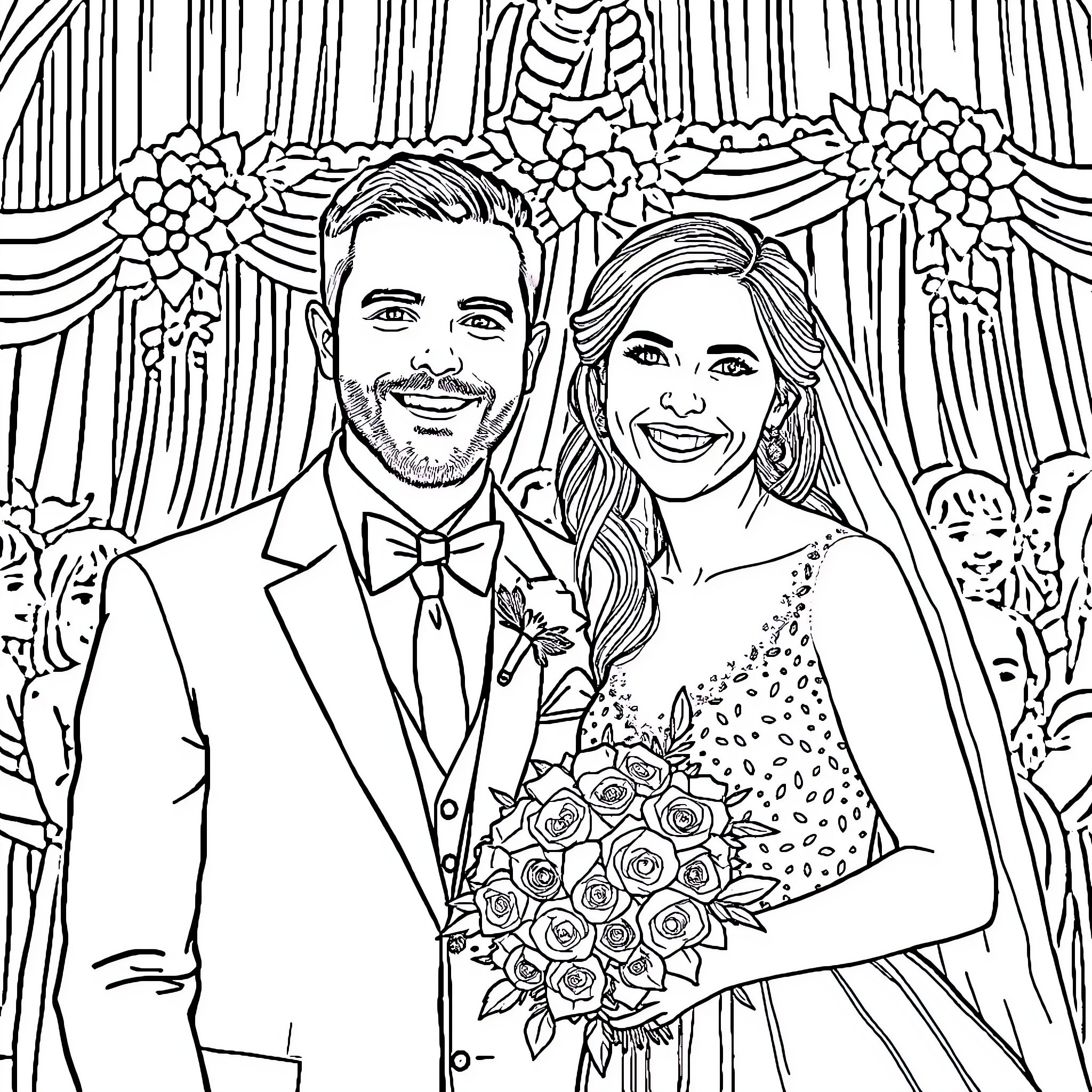 Bride and Groom Celebrate Joyful Wedding Ceremony Coloring Page (free black-and-white line drawing printable PDF for all, from beginners to advanced learners, including children, teens, adults, and seniors)