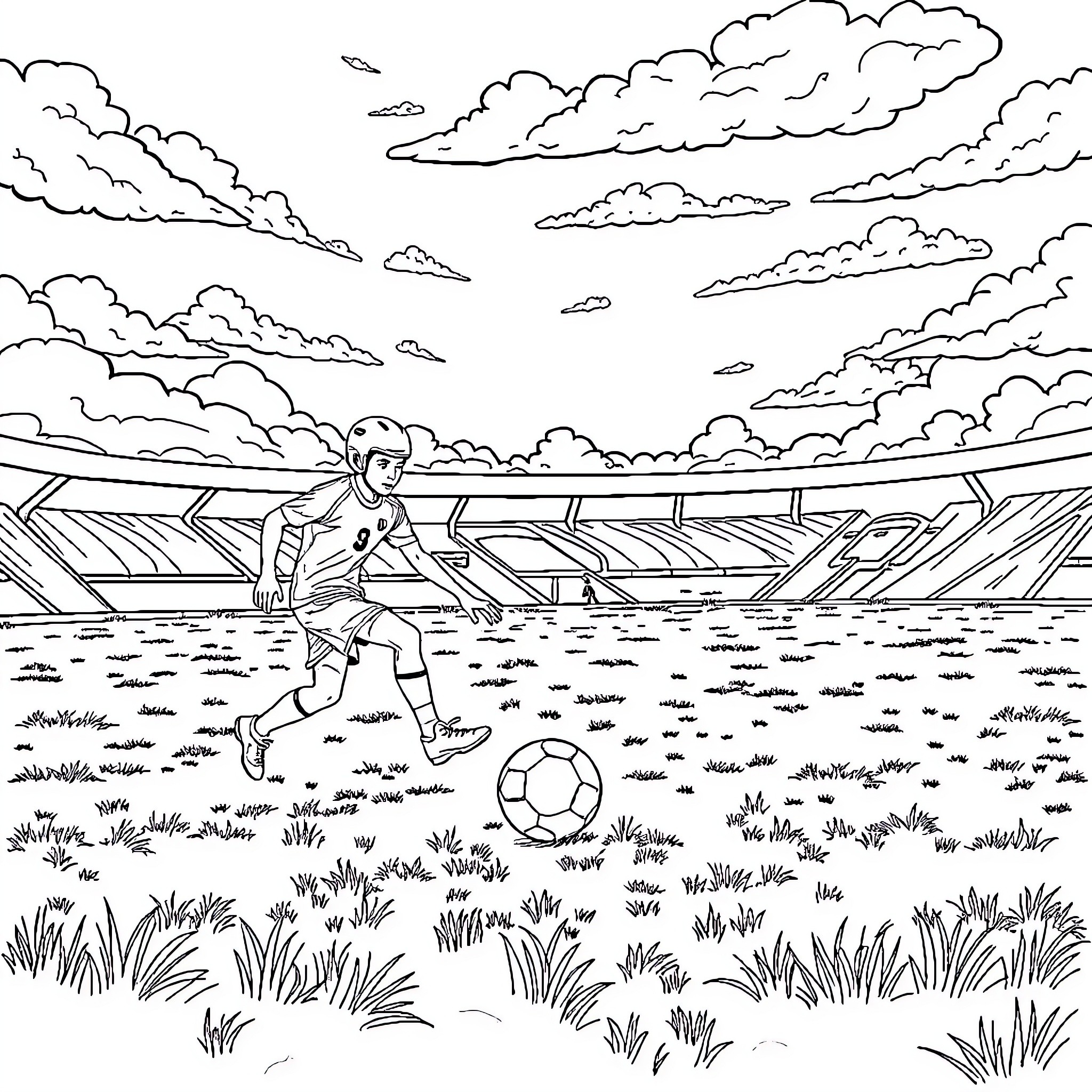 Meteoheros playing football in the stadium Coloring Page (free black-and-white line drawing printable PDF for all, from beginners to advanced learners, including children, teens, adults, and seniors)