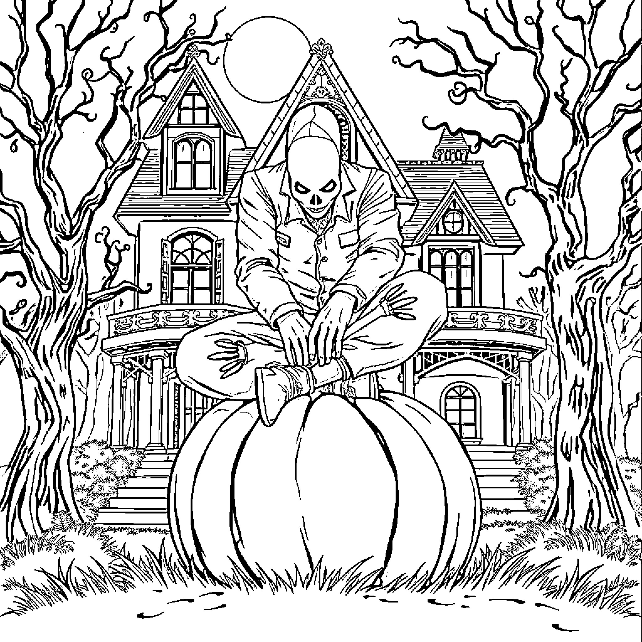 Jigsaw Haunted House with Skeleton in the Moonlight Coloring Page (free black-and-white line drawing printable PDF for all, from beginners to advanced learners, including children, teens, adults, and seniors)