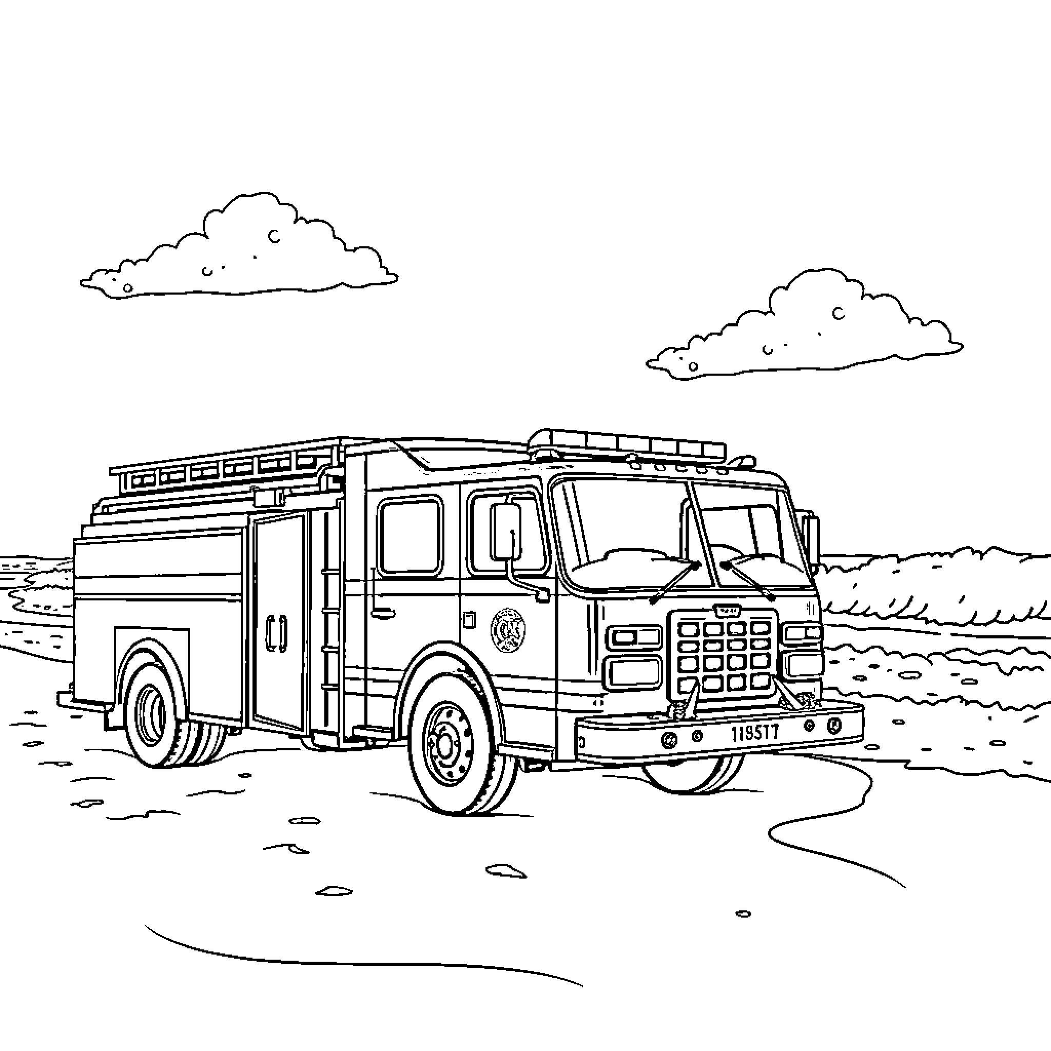 Firetruck responding to an emergency call Coloring Page (free black-and-white line drawing printable PDF for all, from beginners to advanced learners, including children, teens, adults, and seniors)