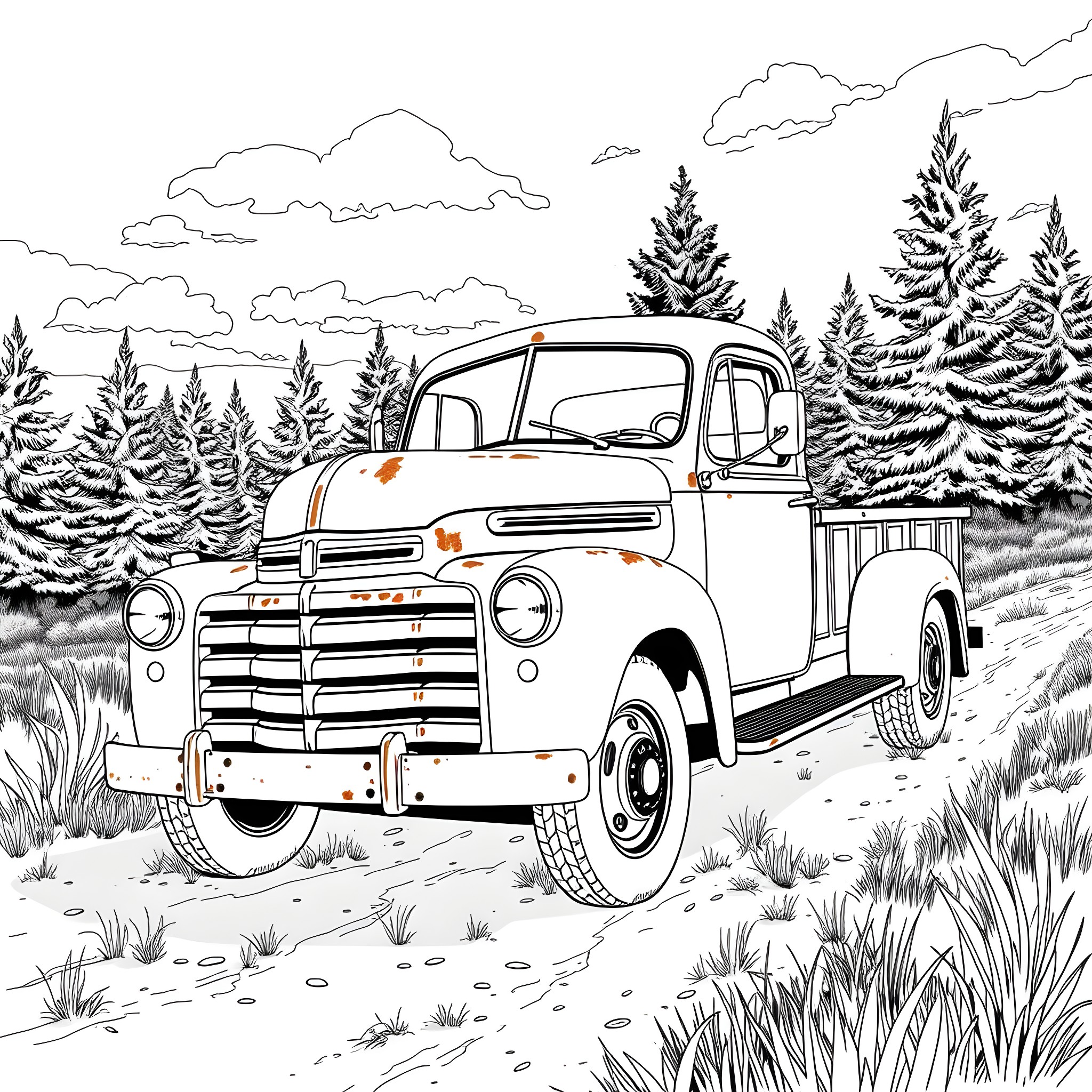 Truck in the snowy pine forest landscape Coloring Page (free black-and-white line drawing printable PDF for all, from beginners to advanced learners, including children, teens, adults, and seniors)