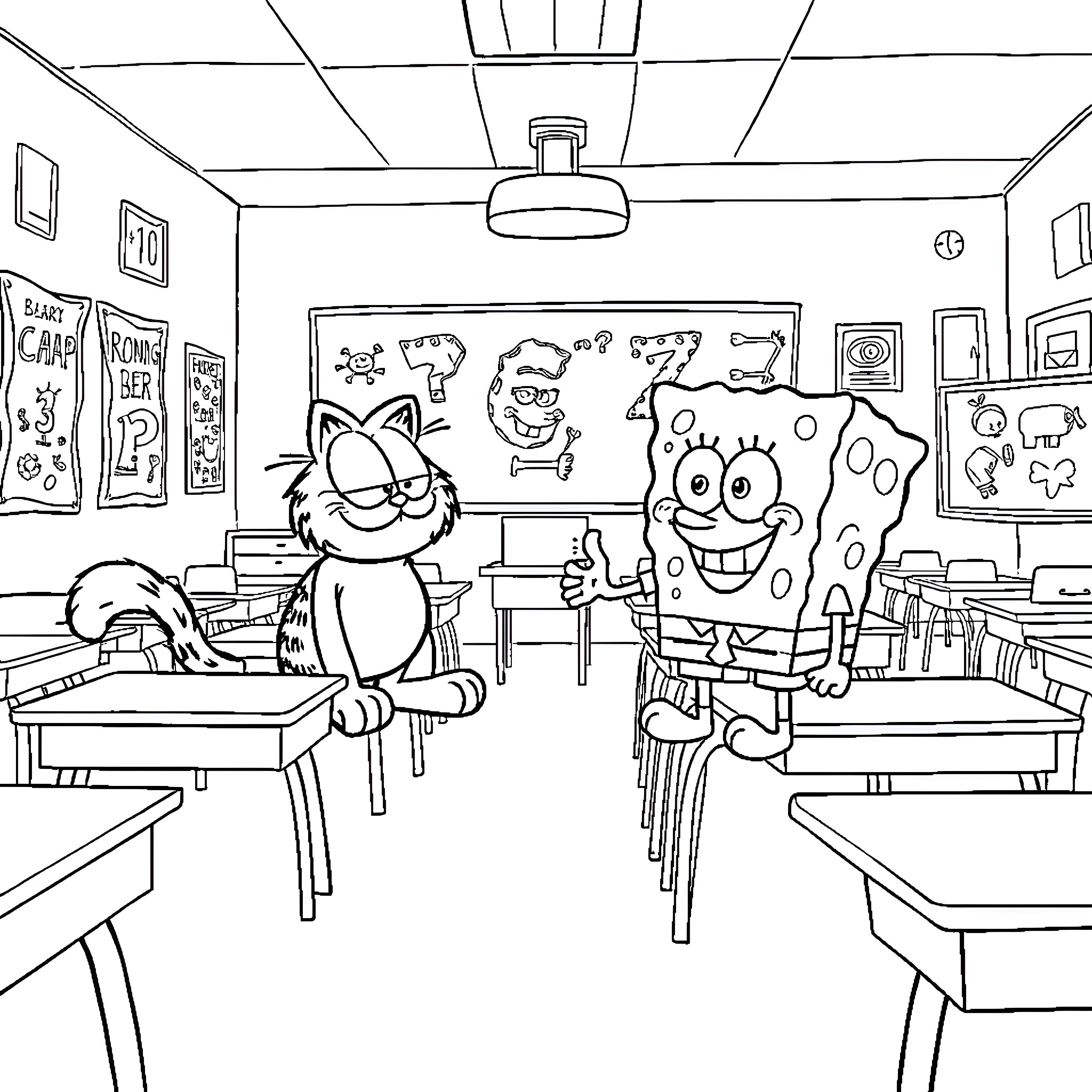Garfield and SpongeBob in a Classroom Setting Coloring Page (free black-and-white line drawing printable PDF for all, from beginners to advanced learners, including children, teens, adults, and seniors)