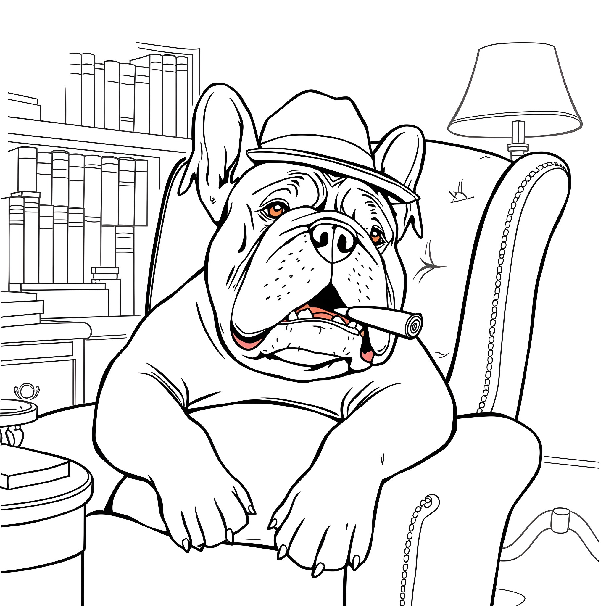 Bulldog relaxing in a cozy armchair Coloring Page (free black-and-white line drawing printable PDF for all, from beginners to advanced learners, including children, teens, adults, and seniors)