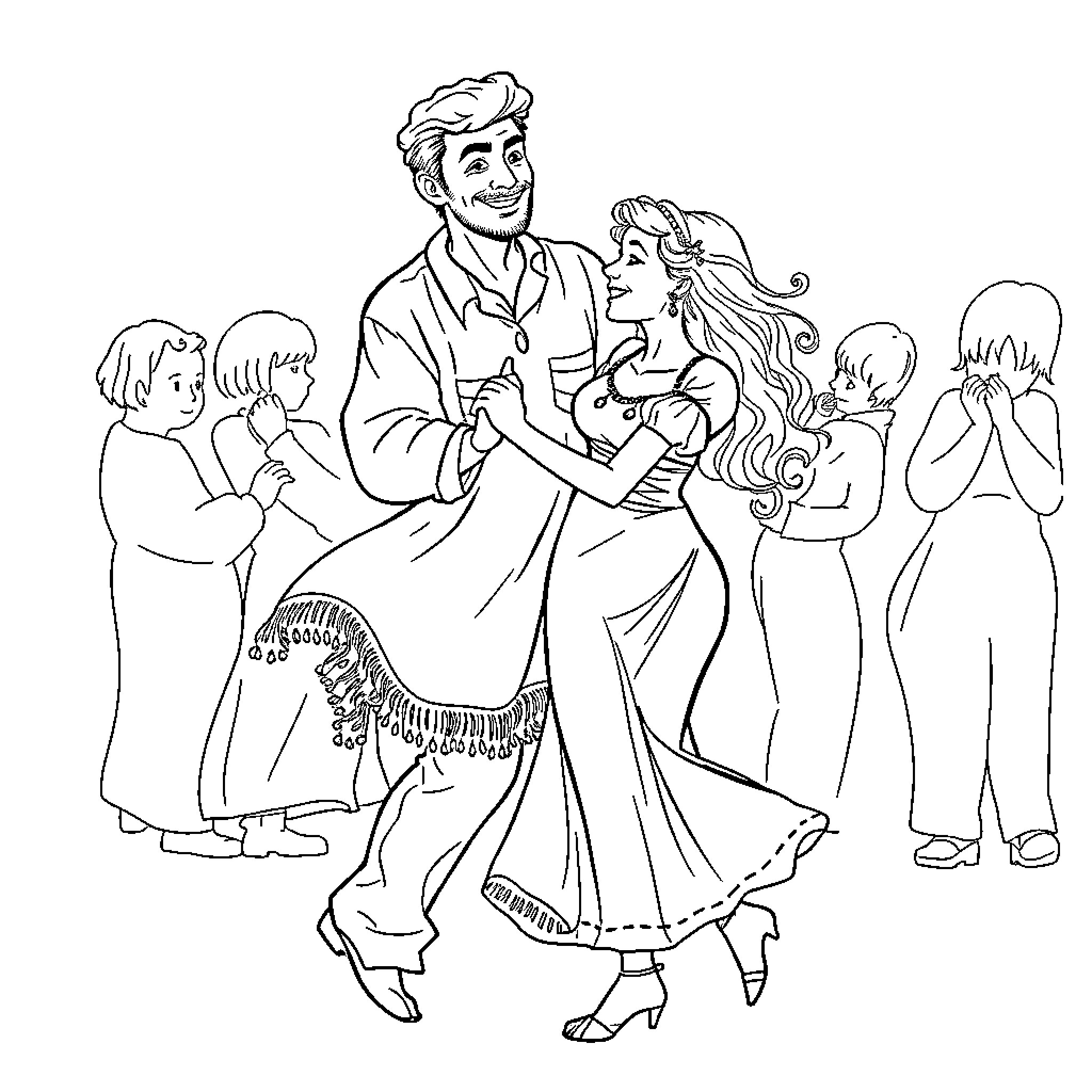 Romani Couple Sharing Joyful Dance with Family Coloring Page (free black-and-white line drawing printable PDF for all, from beginners to advanced learners, including children, teens, adults, and seniors)