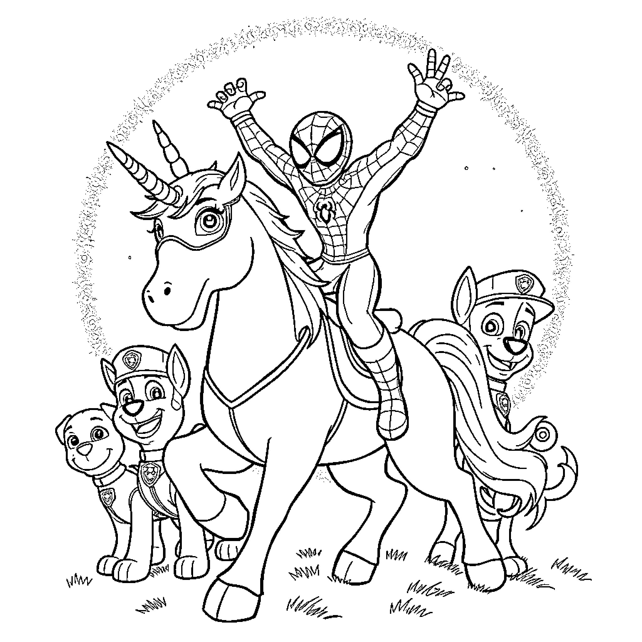 Spider-Man riding a unicorn with Paw Patrol puppies Coloring Page (free black-and-white line drawing printable PDF for all, from beginners to advanced learners, including children, teens, adults, and seniors)