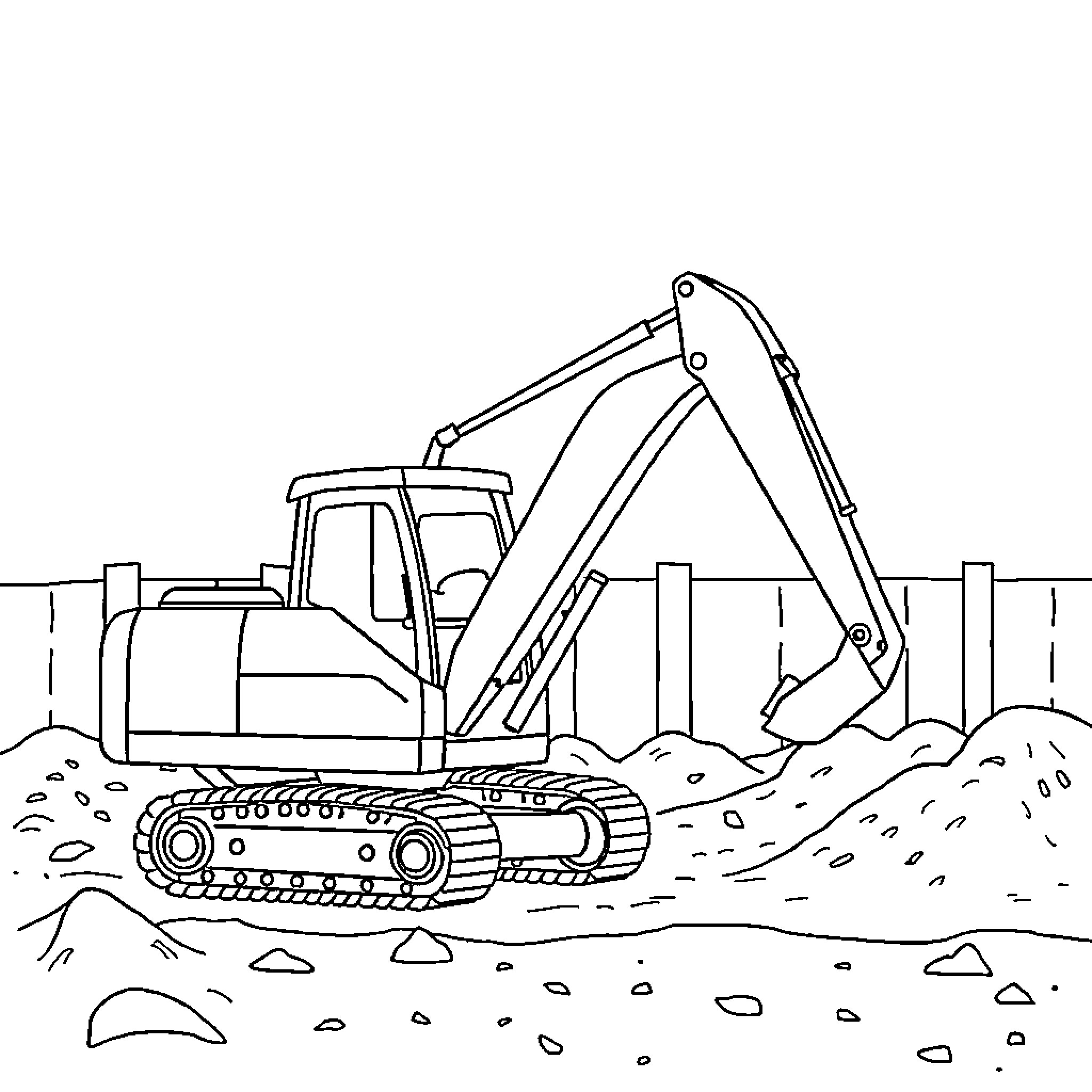 Excavator digging construction site Coloring Page (free black-and-white line drawing printable PDF for all, from beginners to advanced learners, including children, teens, adults, and seniors)