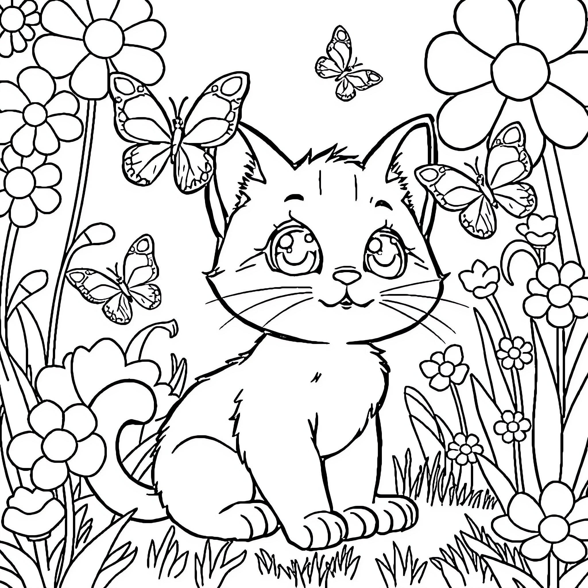 Kitten surrounded by flowers and butterflies Coloring Page (free black-and-white line drawing printable PDF for all, from beginners to advanced learners, including children, teens, adults, and seniors)