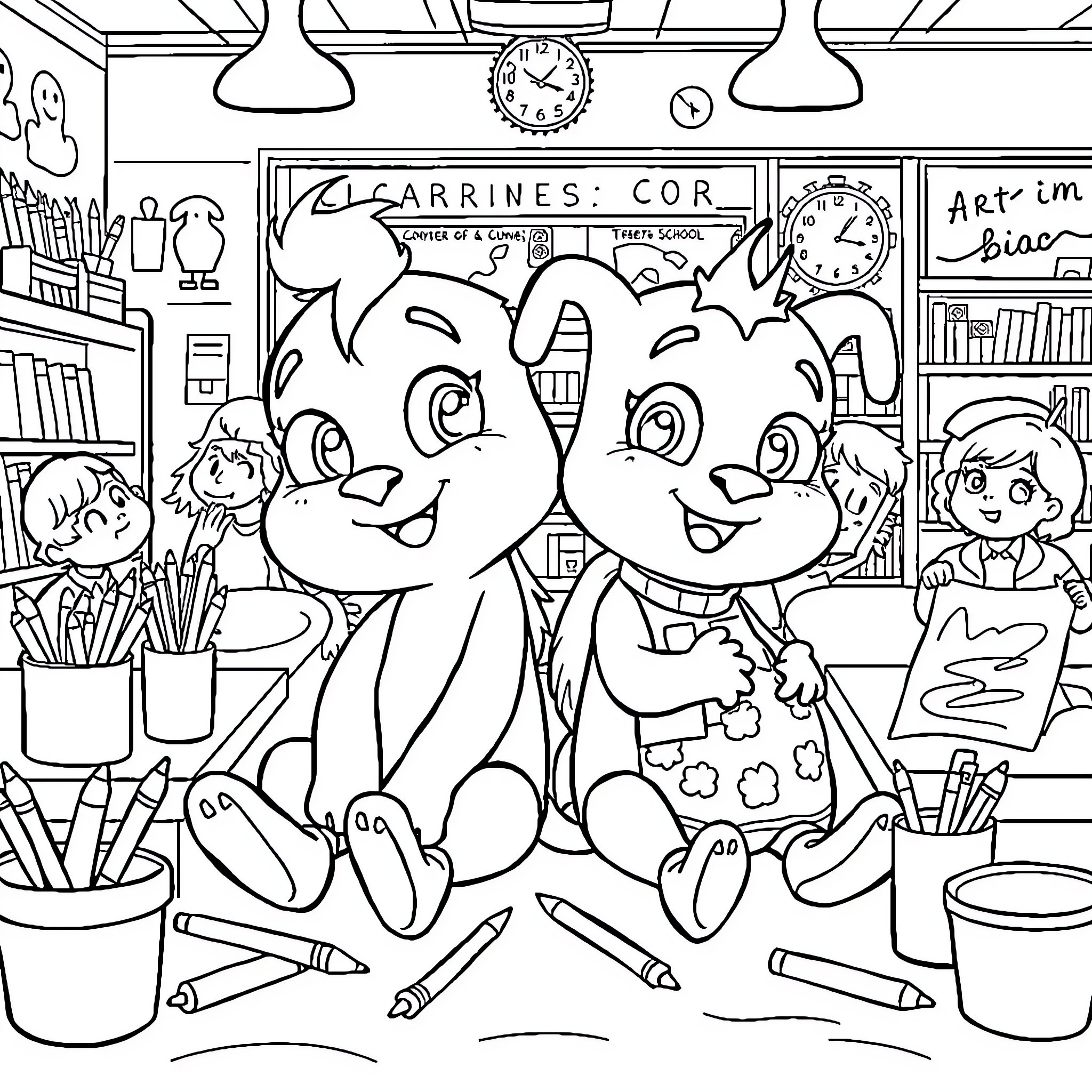 Bluey and friends explore a colorful art studio Coloring Page (free black-and-white line drawing printable PDF for all, from beginners to advanced learners, including children, teens, adults, and seniors)