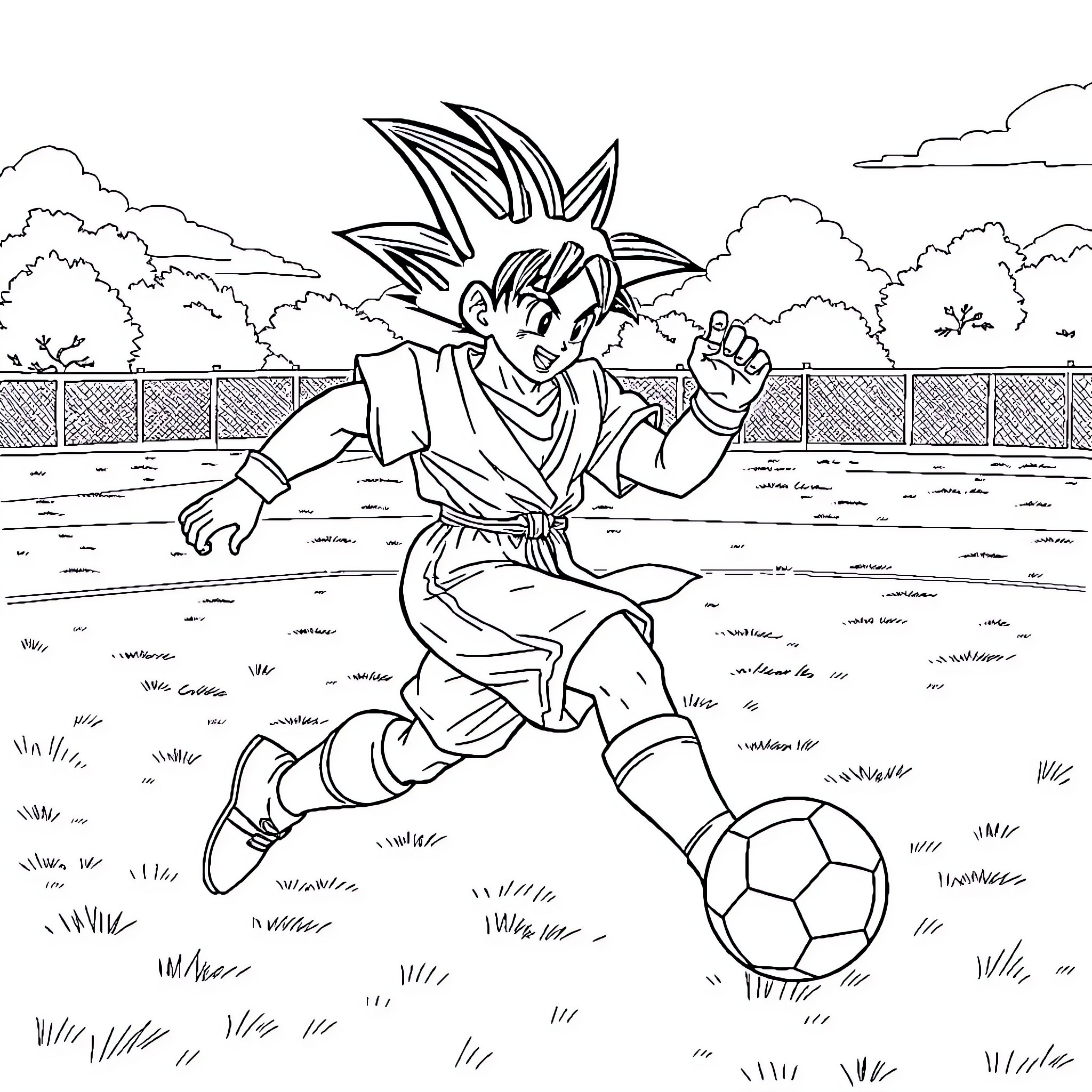 Goku playing with a soccer ball in the park Coloring Page (free black-and-white line drawing printable PDF for all, from beginners to advanced learners, including children, teens, adults, and seniors)