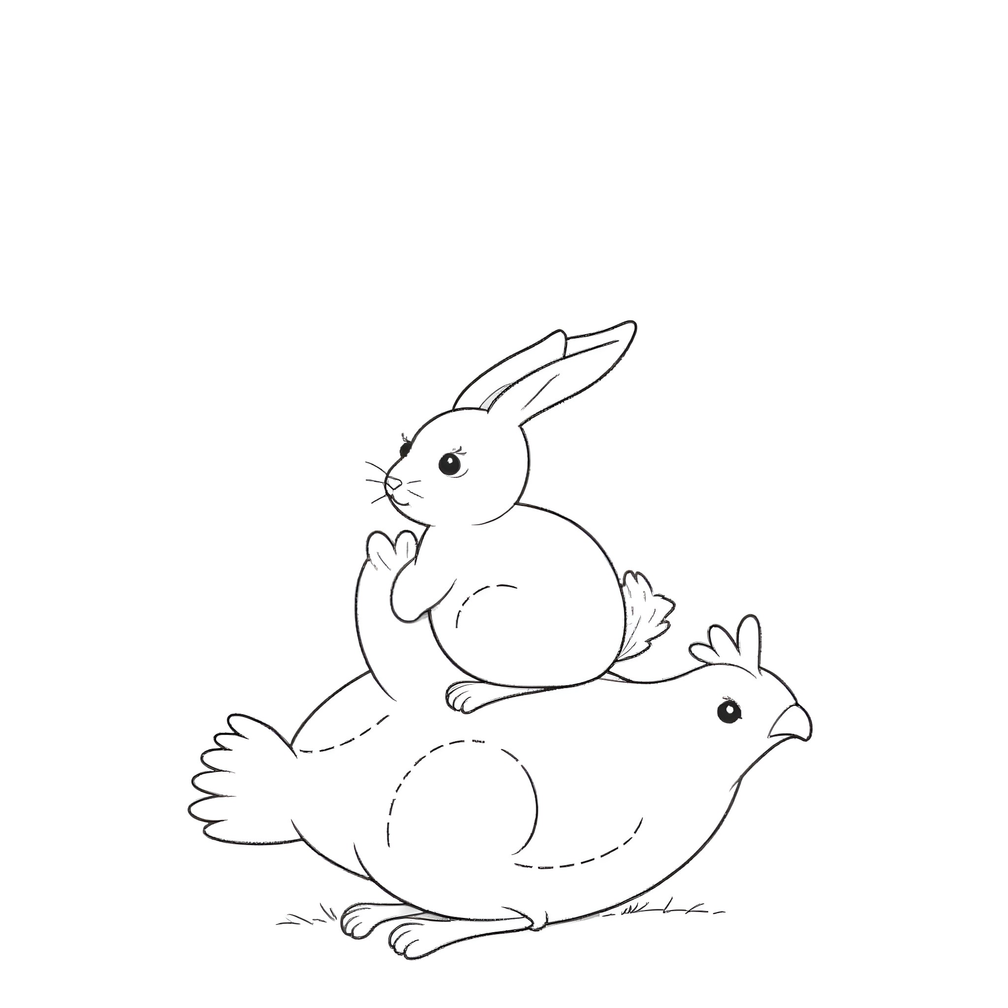 Rabbit riding a chicken happily Coloring Page (free black-and-white line drawing printable PDF for all, from beginners to advanced learners, including children, teens, adults, and seniors)