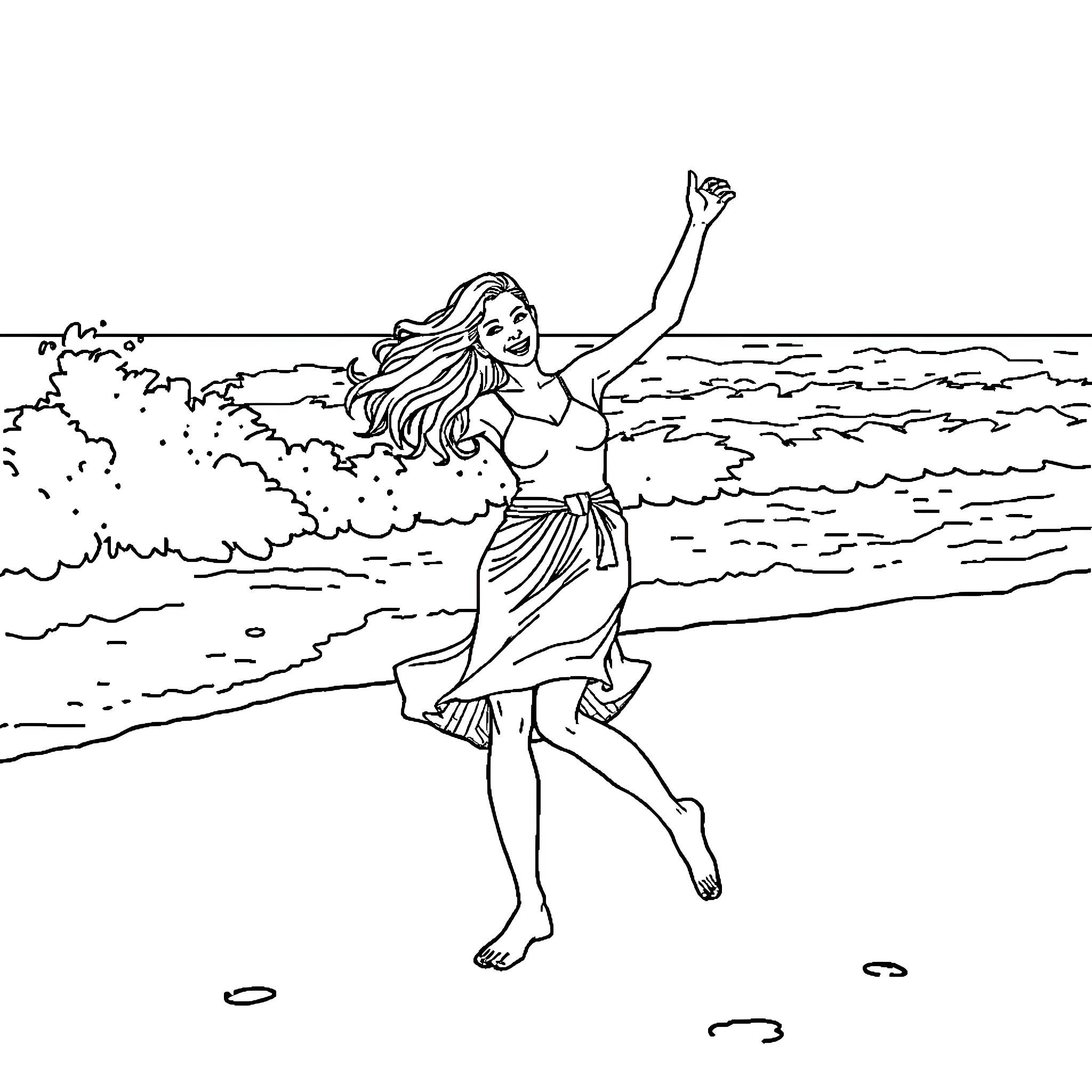 Dancer in flowing dress twirling on the beach Coloring Page (free black-and-white line drawing printable PDF for all, from beginners to advanced learners, including children, teens, adults, and seniors)