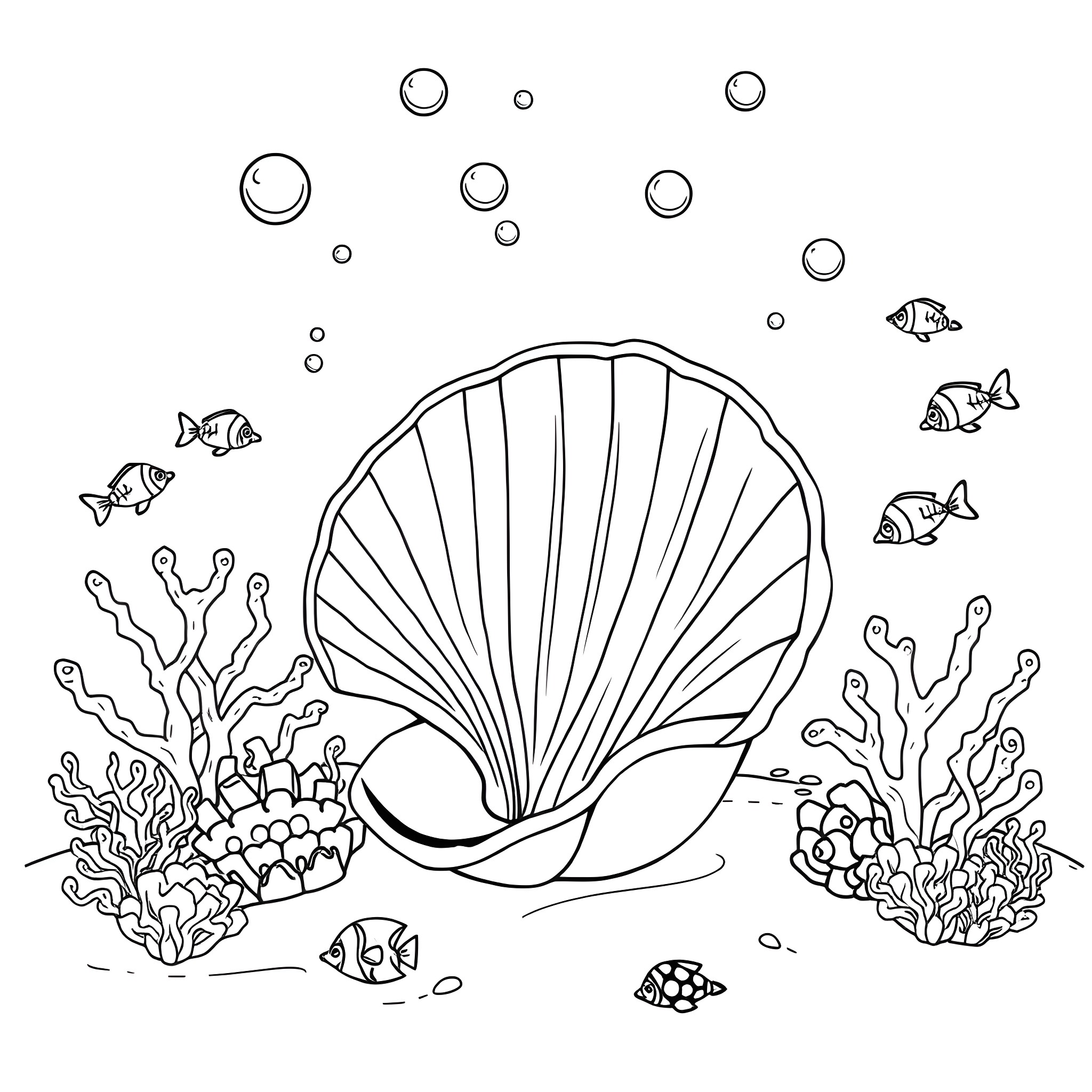 Seashell with marine life in the underwater scene Coloring Page (free black-and-white line drawing printable PDF for all, from beginners to advanced learners, including children, teens, adults, and seniors)