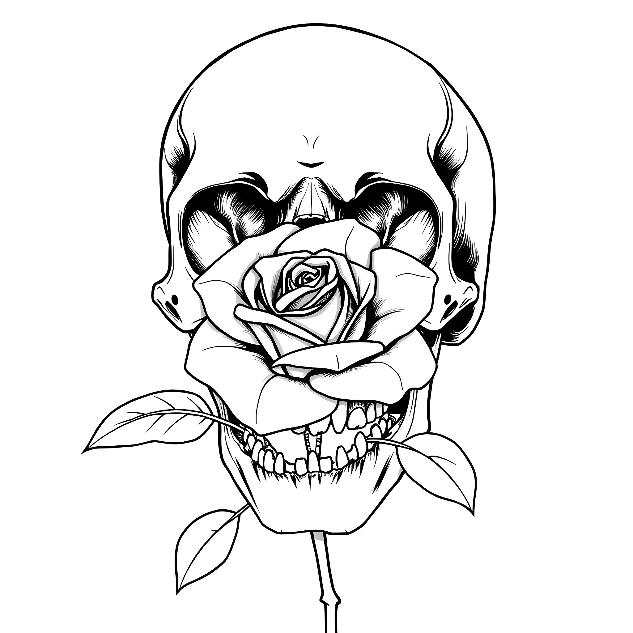 Skull with a rose in its mouth Coloring Page (free black-and-white line drawing printable PDF for all, from beginners to advanced learners, including children, teens, adults, and seniors)
