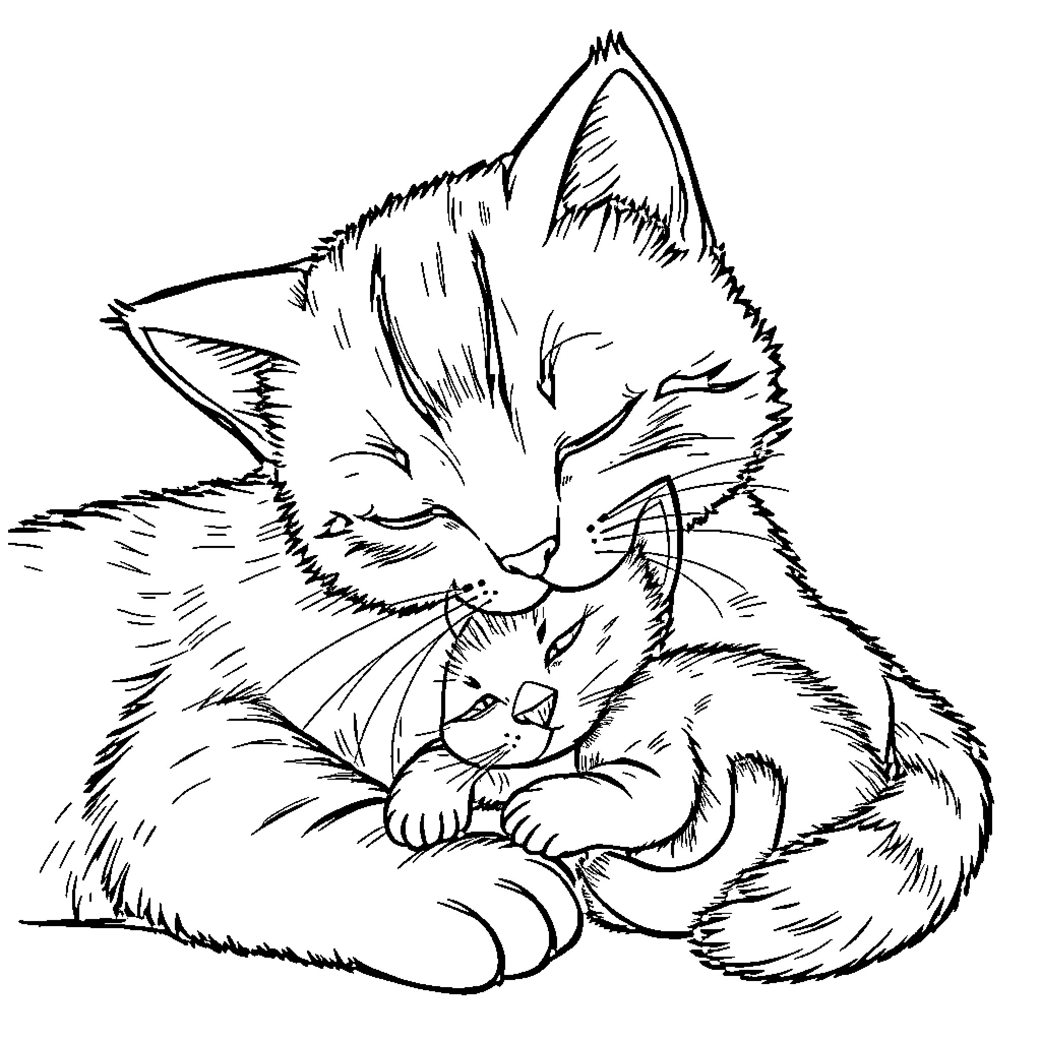 Cat cuddling its kitten affectionately Coloring Page (free black-and-white line drawing printable PDF for all, from beginners to advanced learners, including children, teens, adults, and seniors)