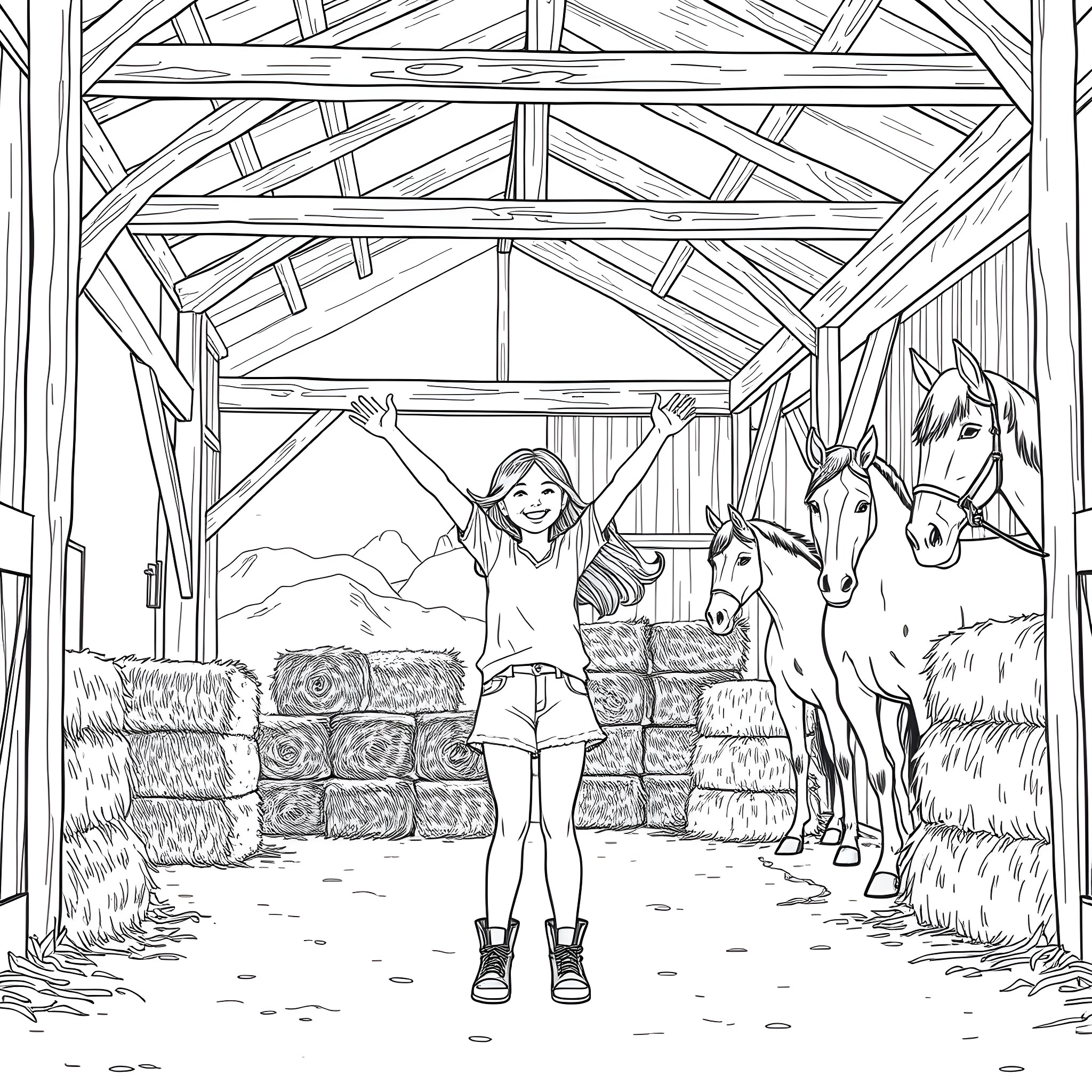 Girl exploring scenic barn with horses Coloring Page (free black-and-white line drawing printable PDF for all, from beginners to advanced learners, including children, teens, adults, and seniors)